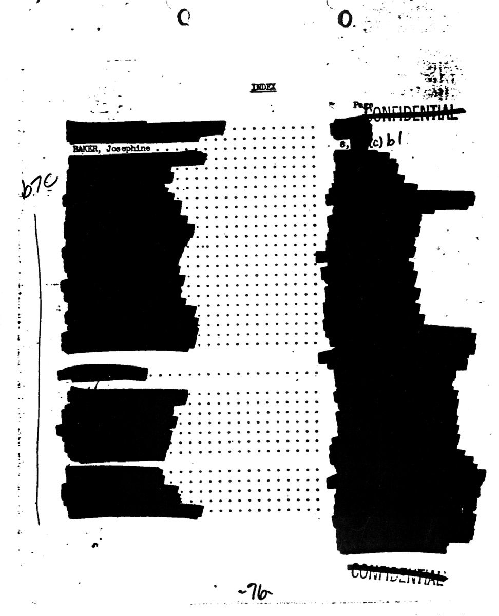 A heavily redacted government document related to the performer Josephine Baker.