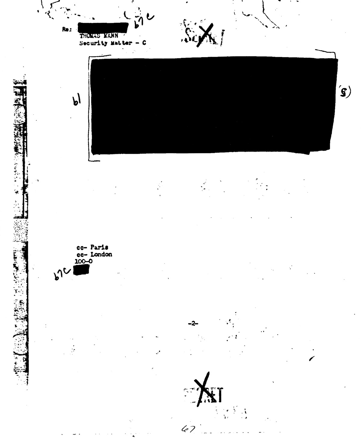 A heavily redacted government document related to the author Thomas Mann.