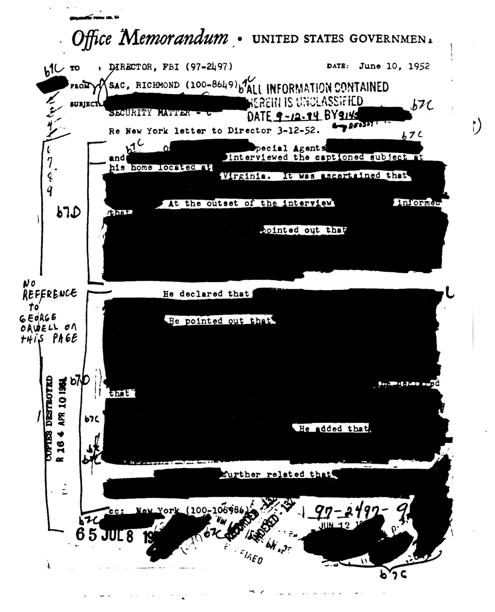 A heavily redacted government document related to the author George Orwell.