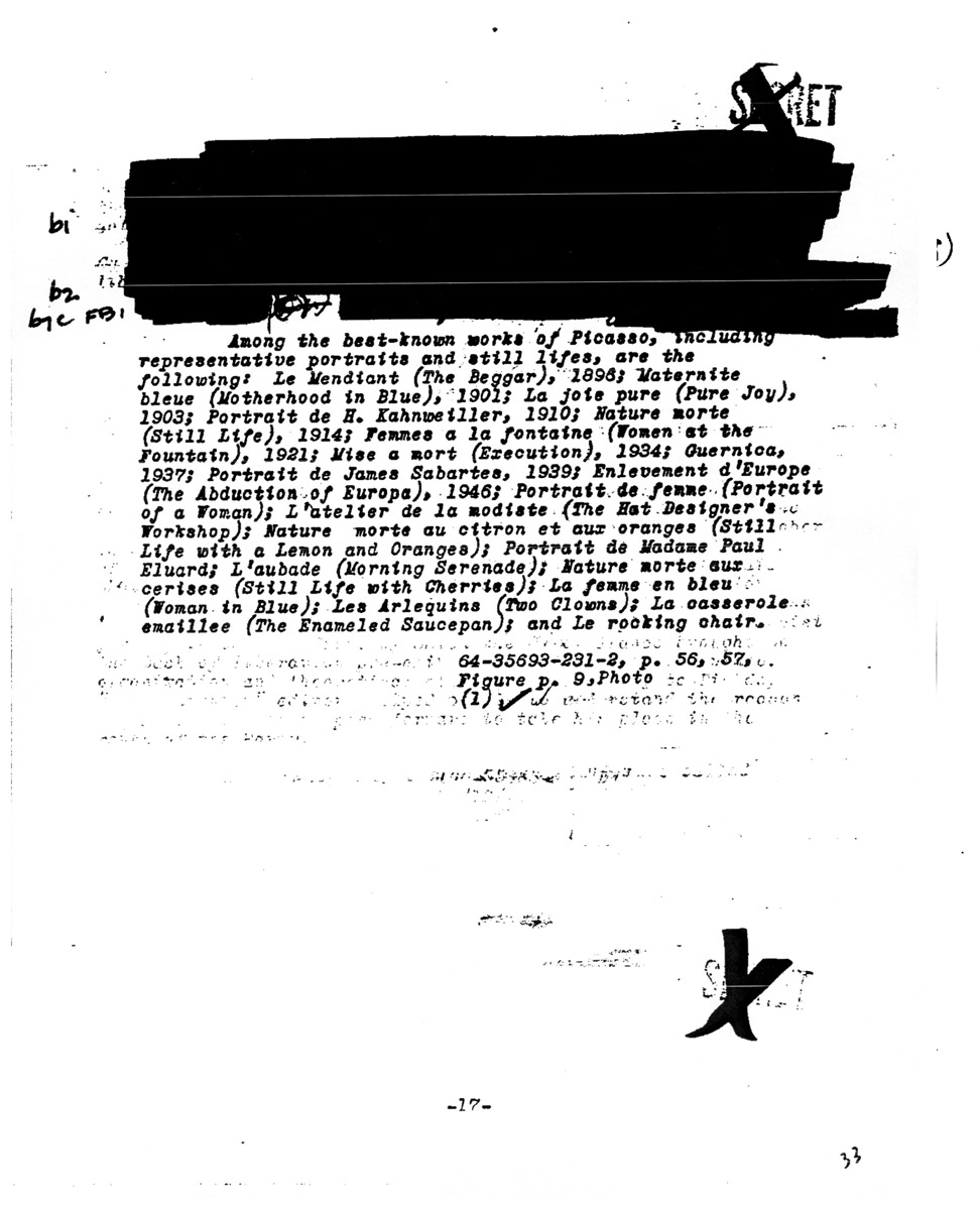 A heavily redacted government document related to the artist Pablo Picasso.