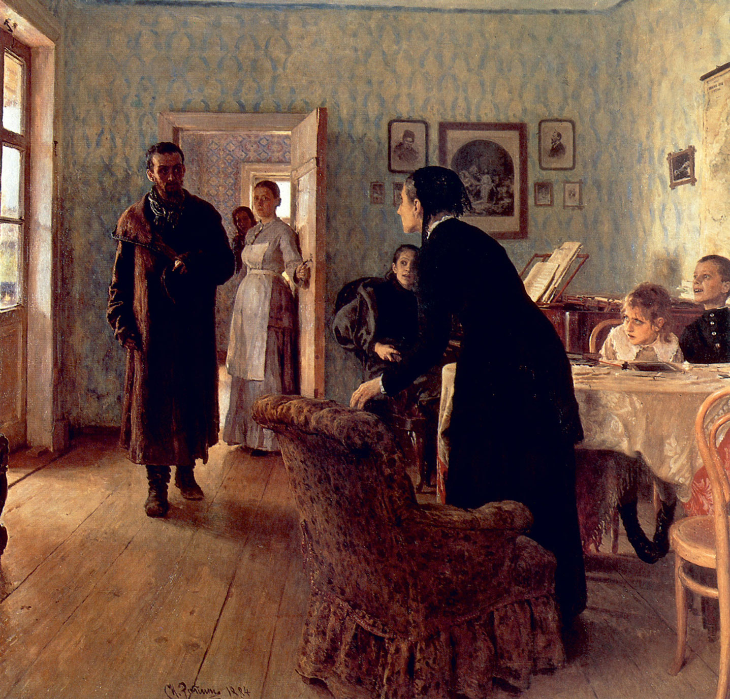 Ilya Repin, An Unexpected Visitor, 1884.
  
  
  
  
  
  
  
  
  
  following: Maps of the eye movements of a single subject asked by Yarbus to 1) examine the painting freely, 2) estimate the material circumstances of the family, 3) assess the ages of the characters, 4) determine the activities of the family prior to the visitor’s arrival, 5) remember the characters’ clothes, and 6) surmise how long the “unexpected visitor” had been away. All maps are from Yarbus’s book Eye Movements and Vision.Caveat lector! Yarbus’s original text simply juxtaposes the painting and the maps of the subject’s eye movements. The superimpositions offered here are our attempt to make the results of Yarbus’s study more vivid for you, our dear reader. However, the precise alignments between the painting and the eye movements were not always apparent in every case. These images are our best approximation. 
   