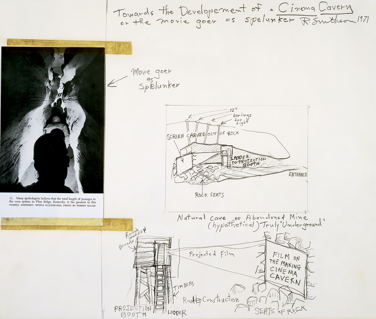 Robert Smithson’s nineteen seventy-one sketch titled “Towards the Development of a Cinema Cavern,” depicting designs for the underground cinema.