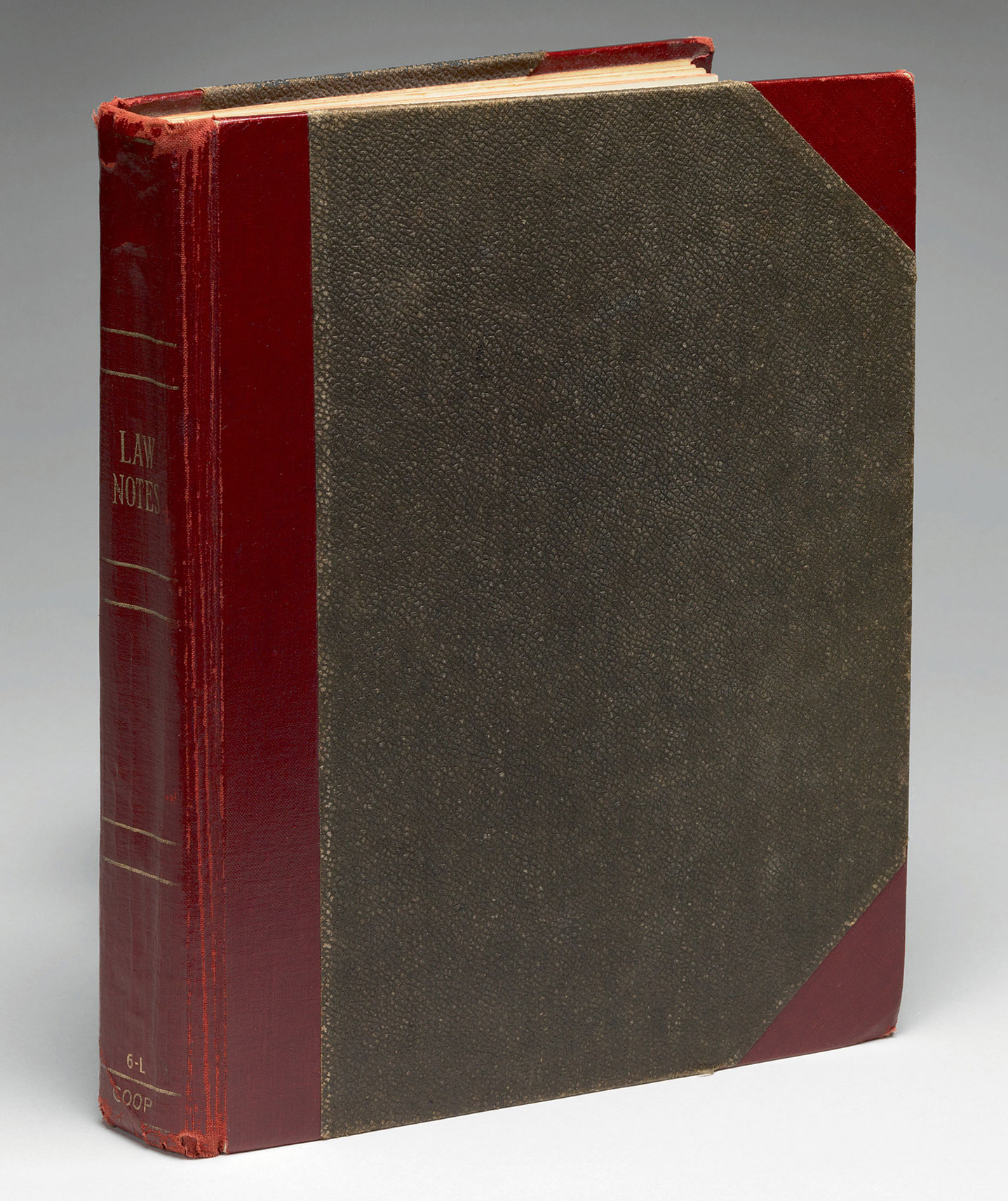 A photograph of a maroon-backed law ledger that served as Sylvia Plath’s journal for her three years at Smith College, July nineteen fifty to July nineteen fifty-three. The journal encompasses the time period that would later become the basis for her largely autobiographical novel, The Bell Jar. Within the journal, Plath makes no mention of her suicide attempts, which are dramatized in the novel.