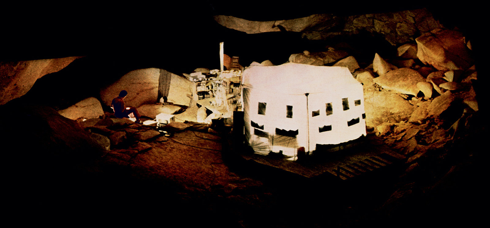 Michel Siffre’s tent in Midnight Cave, Texas, glows with incandescent lights. All images from Siffre’s 1972 experiment in Texas.