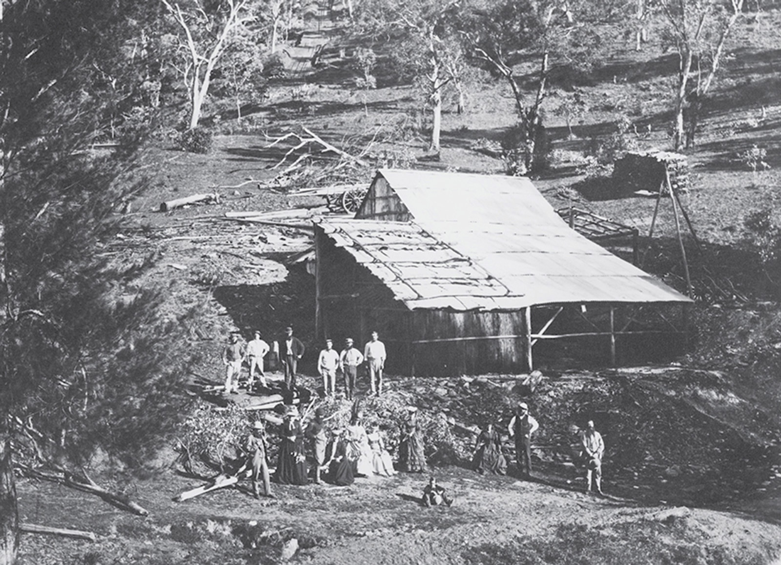 An eighteen seventies photograph of a mine in the vicinity of Hawkins Hills.