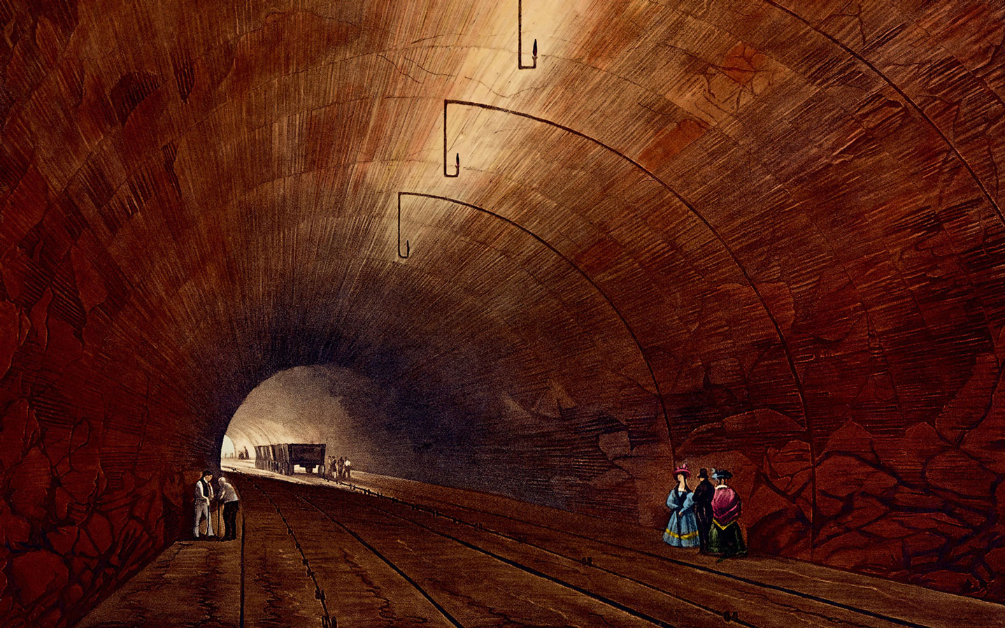 An illustration of the tunnel under Edge Hill from Thomas Talbot Bury’s eighteen thirty-one work titled “Coloured views on the Liverpool and Manchester Railway.” 