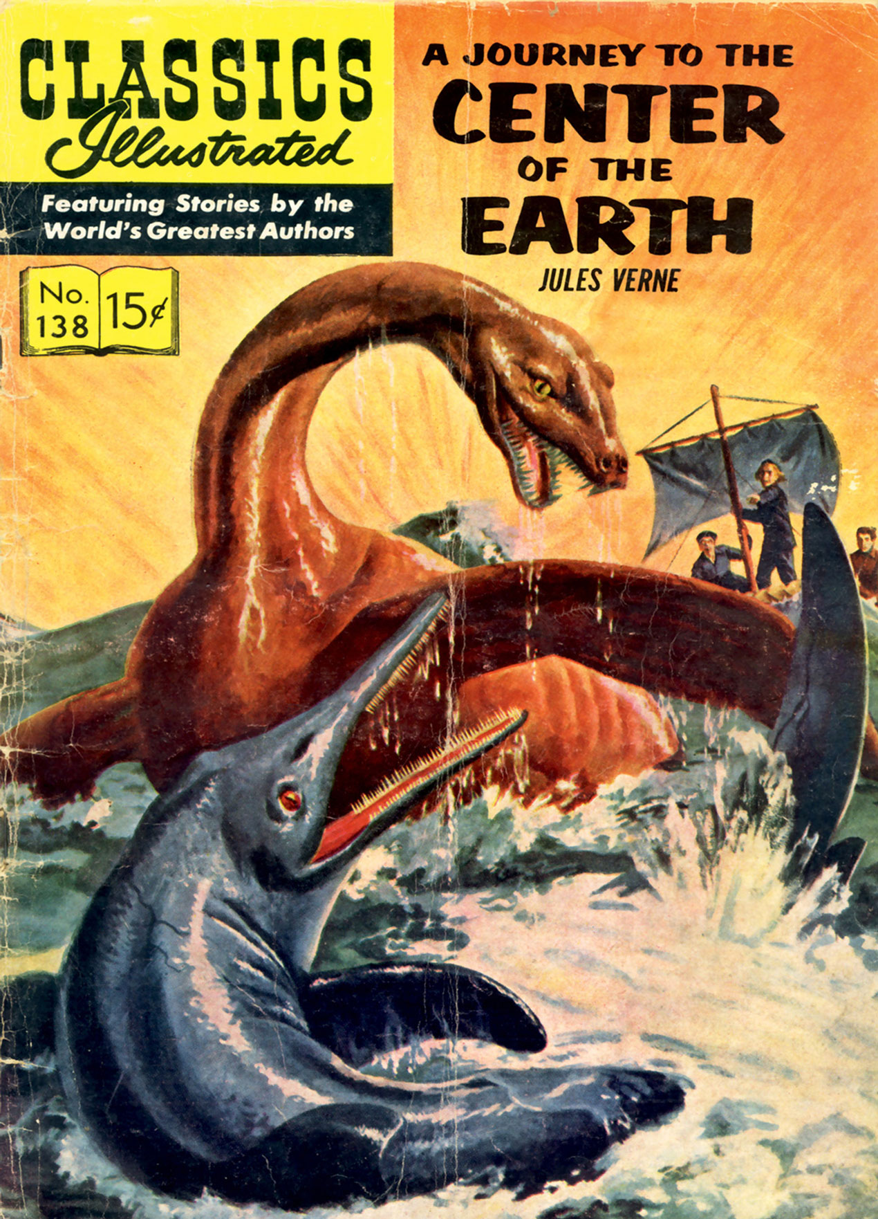 An image of the nineteen fifty-seven “Classics Illustrated” comic book edition of Jules Verne’s “A Journey to the Center of the Earth.”