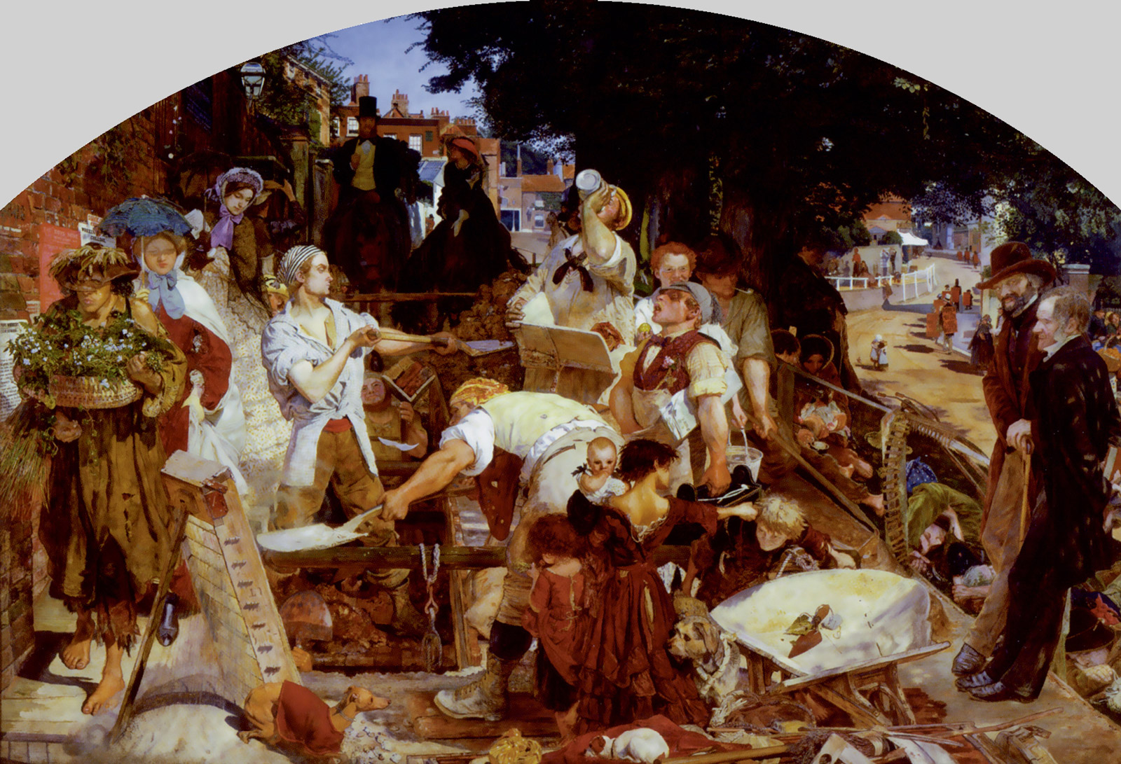 Ford Madox Brown’s eighteen fifty-two to eighteen sixty-five painting titled “Work.” The painting depicts workers digging a ditch in the middle of a Hampstead Street.