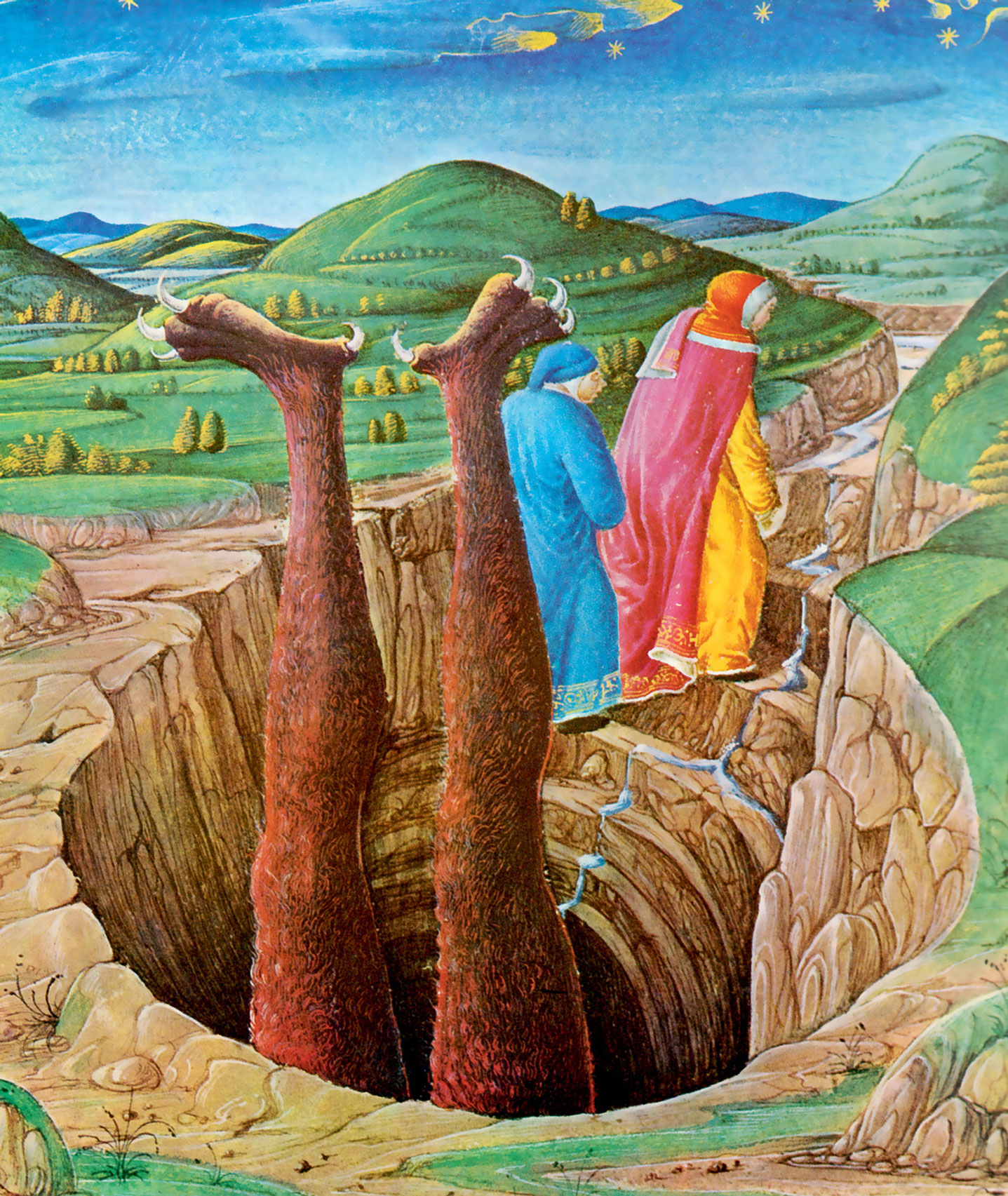 A fourteen seventy-four to fourteen eighty-two illustration of canto thirty four of Dante’s Inferno, from a manuscript in Rome, Vatican Library.