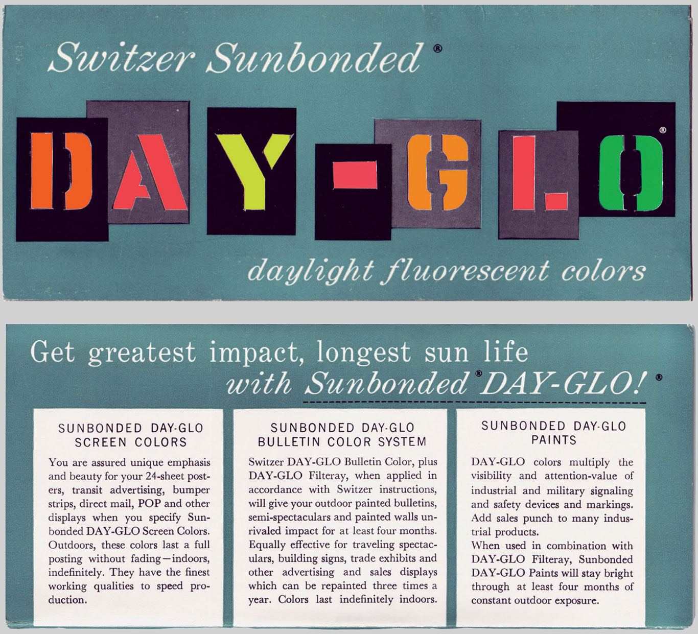 Two panels of a circa nineteen sixty brochure for Switzer Sunbonded Day-Glo, produced by the Switzer Brothers.