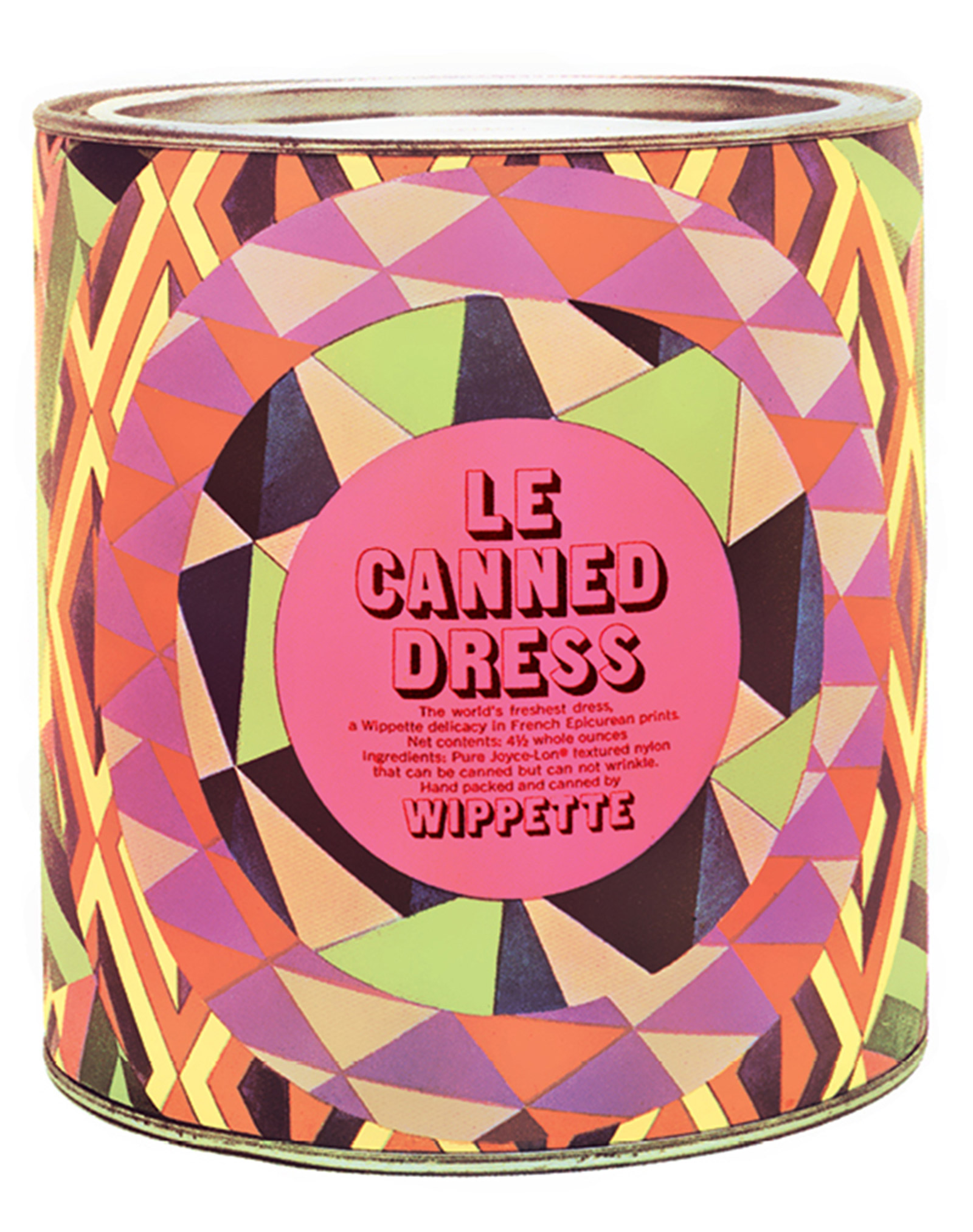 A photograph of a fluorescent patterned can of Le Canned Dress, produced by Wippette, from circa nineteen sixty-eight .