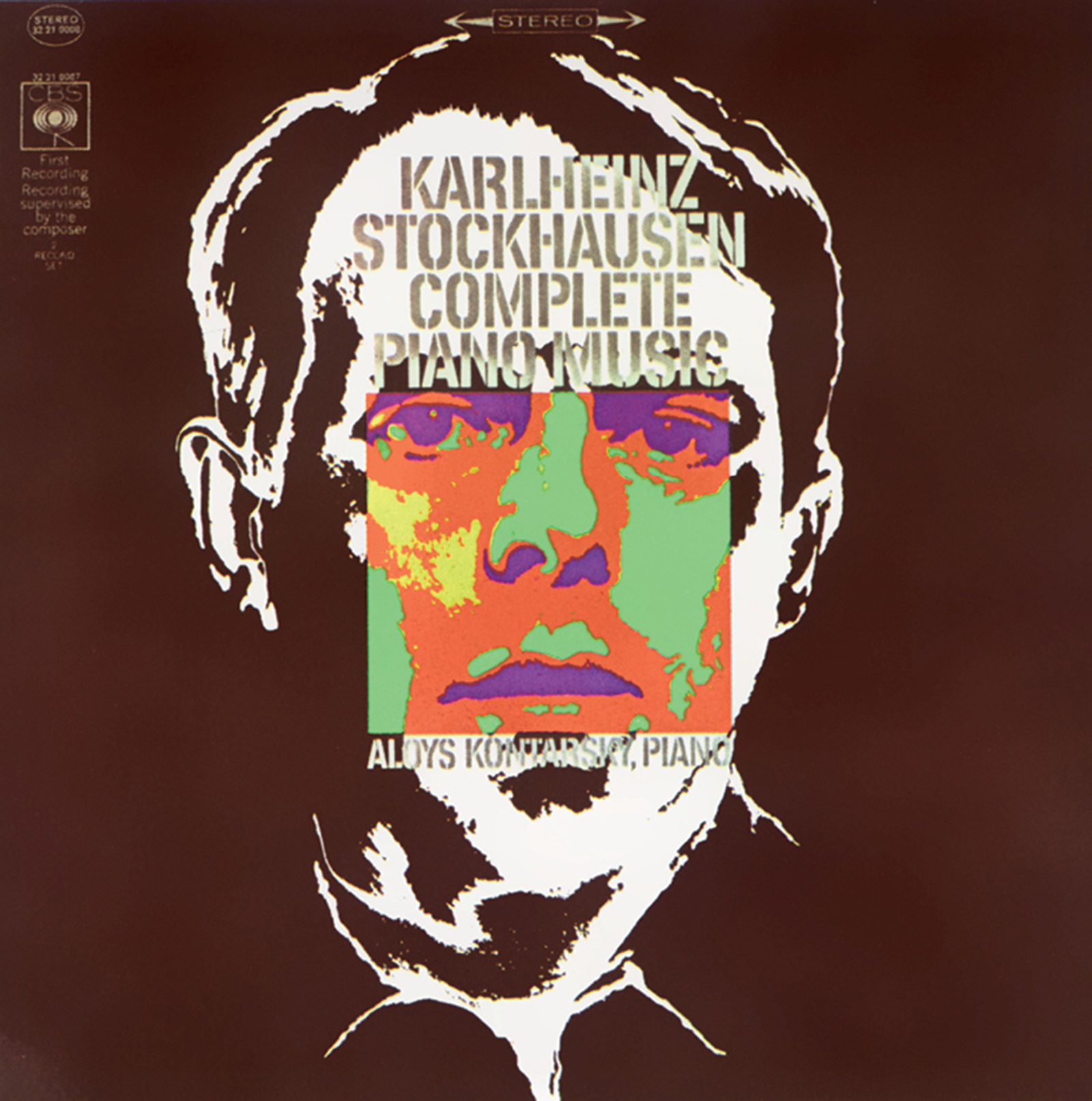 An LP cover of Karlheinz Stockhausen’s “Complete Piano Music” from circa nineteen sixty-seven, which uses a range of fluorescent colors. 