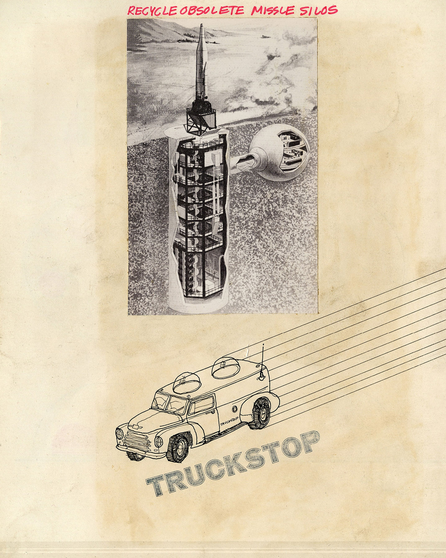 Ant Farm, Truckstop Network drawing, ca. 1971. From a collection of page mock-ups for presentation booklet. Image courtesy Berkeley Art Museum, selected from the exhibition Ant Farm:Radical Hardware curated by Felicity Scott and Mark Wasiuta at the Arthur Ross Architecture Gallery, GSAPP Columbia University.