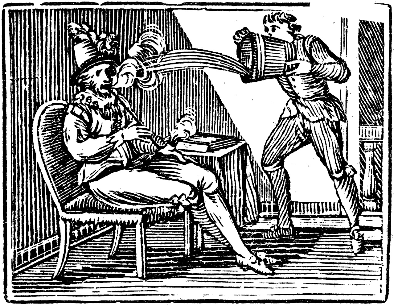 Sir Walter Raleigh smoking a pipe and being doused by a servant who thinks he’s on fire. Anonymous wood engraving, mid-nineteenth century. Courtesy Wellcome Library.