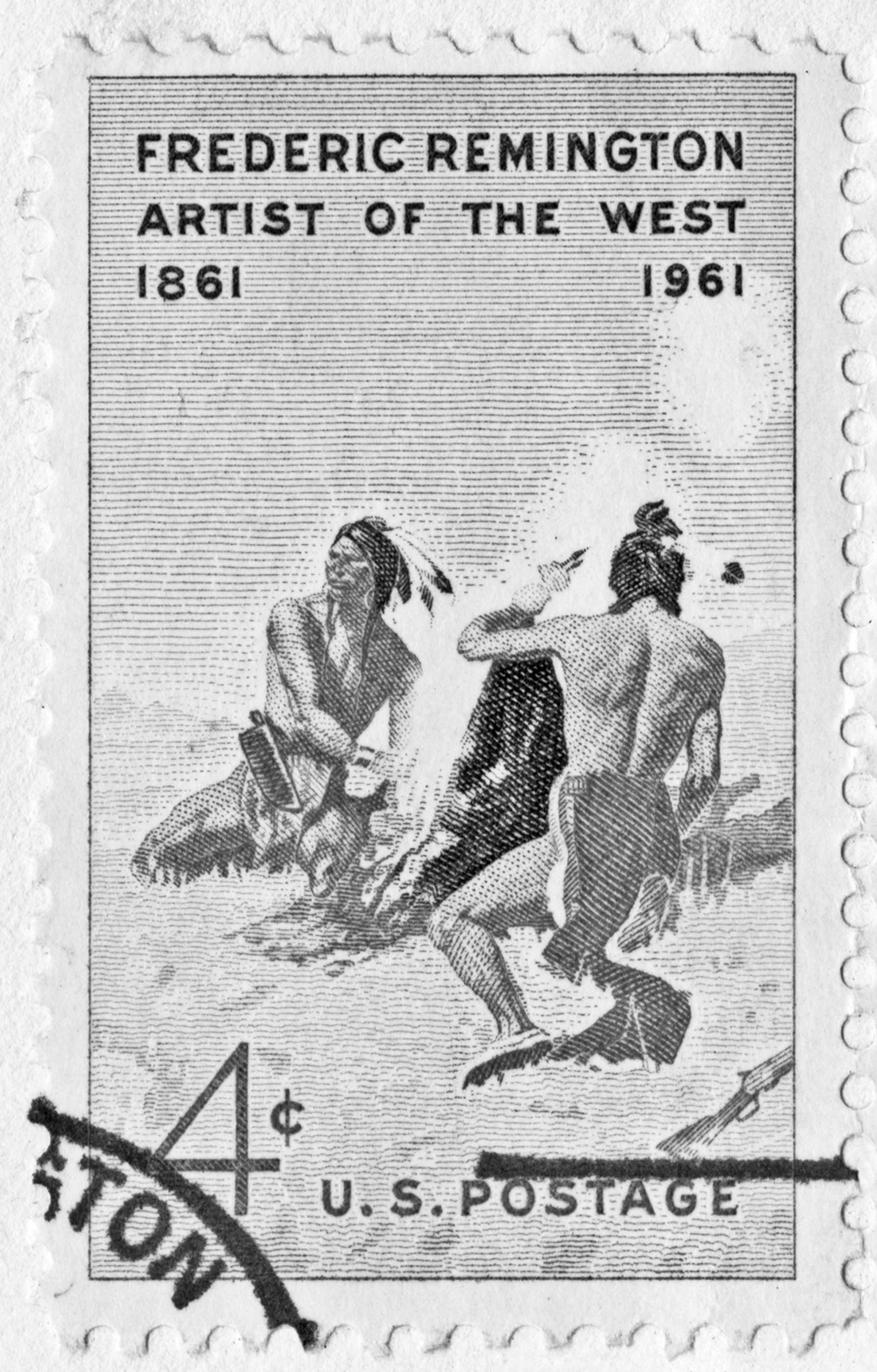 Frederic Remington, The Smoke Signal (detail), 1905, printed on a 1961 US postage stamp. Private collection.