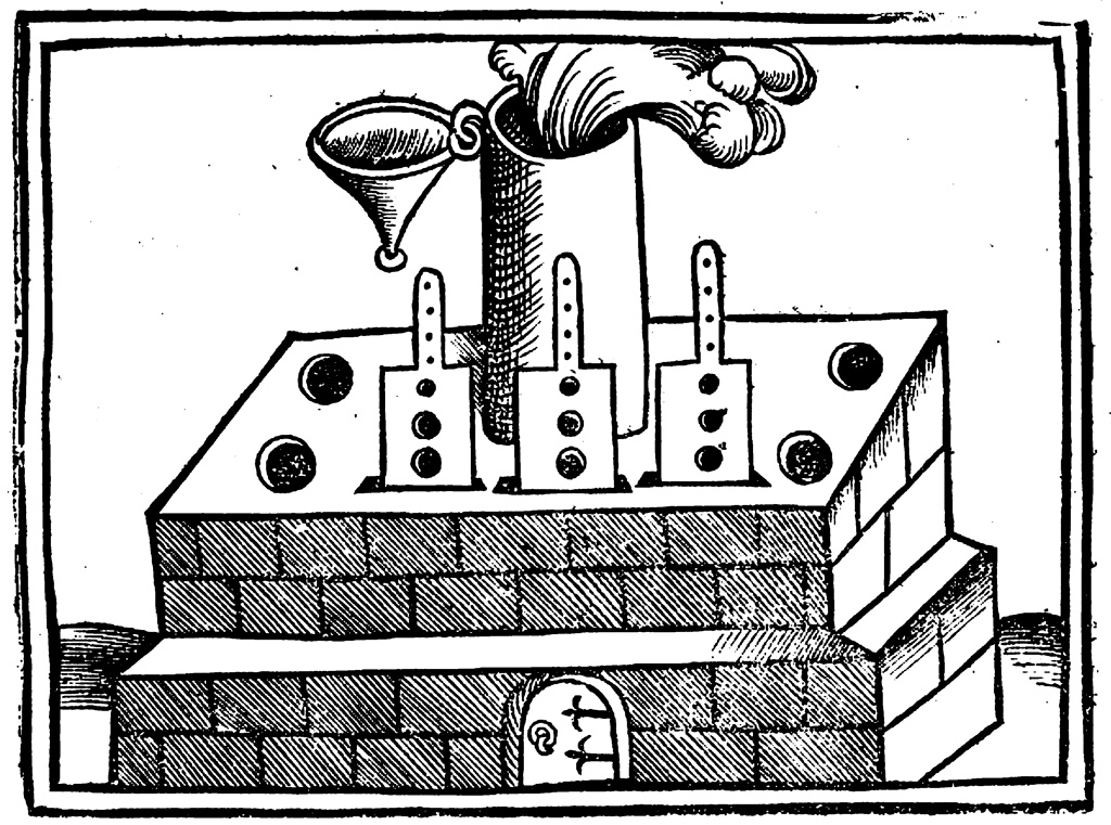 A furnace for carrying out several distillations. Illustration from Hieronymous Brunschwig, Liber de Arte Distillandi de Compositis (Strasbourg, France: Johann Grüninger, 1512). Courtesy Wellcome Library.