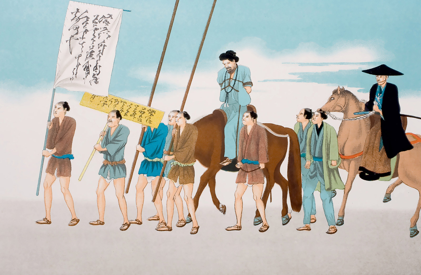 An illustration titled “Mode of Conducting a Criminal to Execution” from the 1867 book “Sketches of Japanese Manners and Customs.” The artwork features a culprit paraded through town preceded by a placard describing his crime.