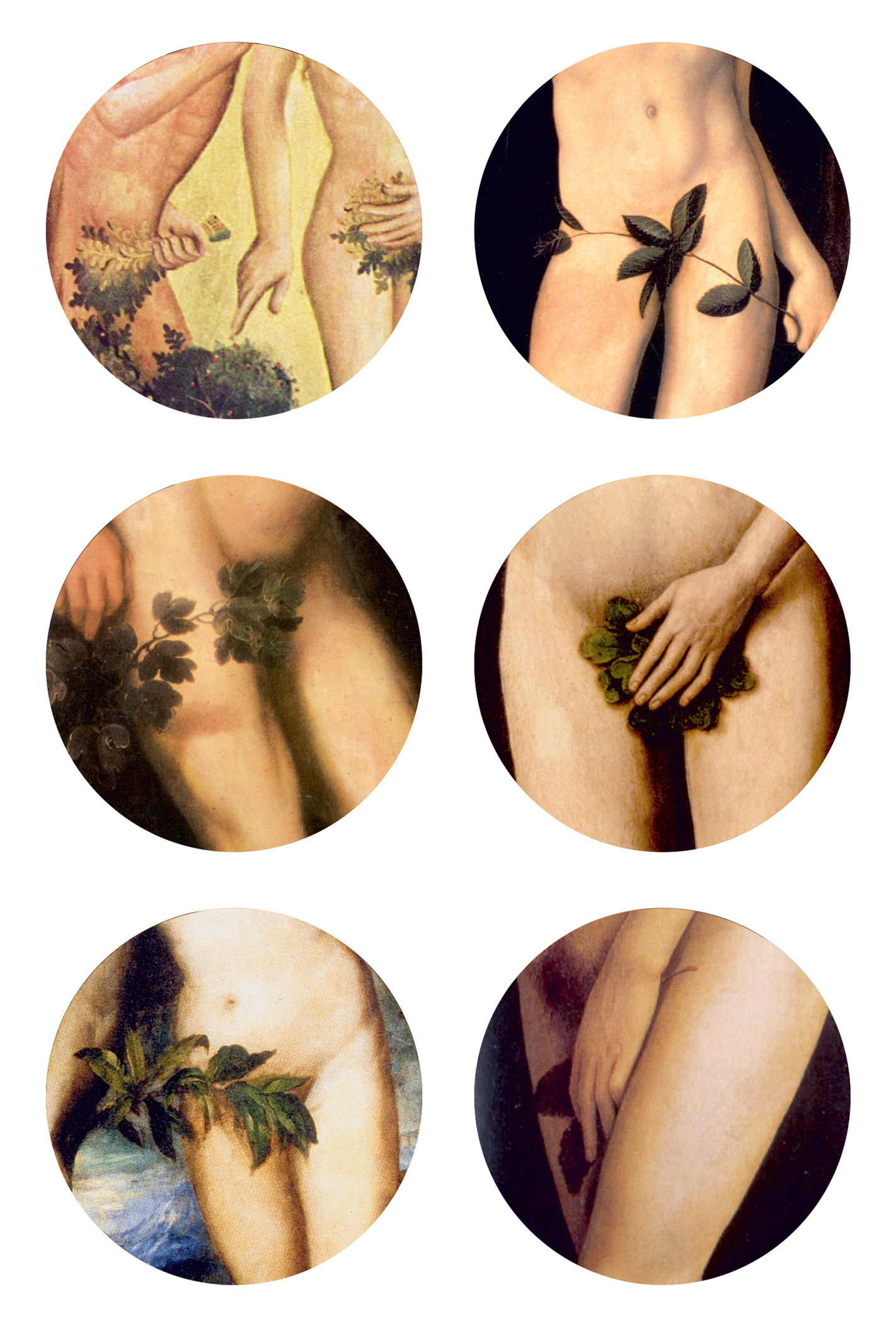Six close-up paintings of crotches covered by leaves. The paintings include “The Grabow Altarpiece,” circa 1383 by Meister Bertram von Minden; “Adam and Eve,” circa 1599 by Peter Paul Rubens; “Adam and Eve,” circa 1550 by Titian; “Adam and Eve,” circa 1528 by Lucas Cranach the Elder; “Adam and Eve,” circa 1485 by Hans Memling; and finally, “The Ghent Altarpiece,” circa 1432 by Hubert and Jan van Eyck.