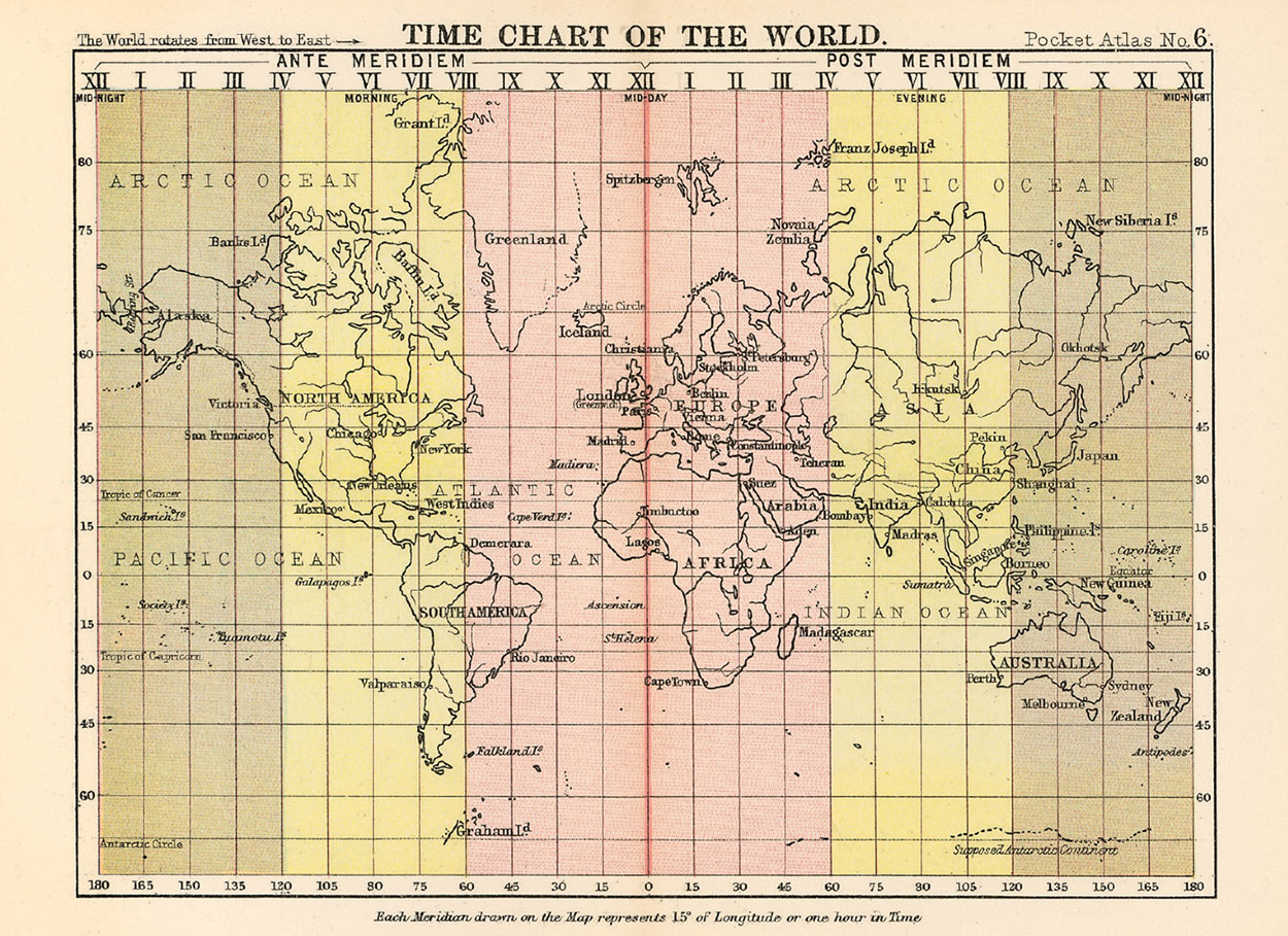 An 1887 map from John Bartholomew's The Pocket Atlas of the World titled 'Time Chart of the World.' The International Date Line splits the world perfectly in two along the 180th meridian.