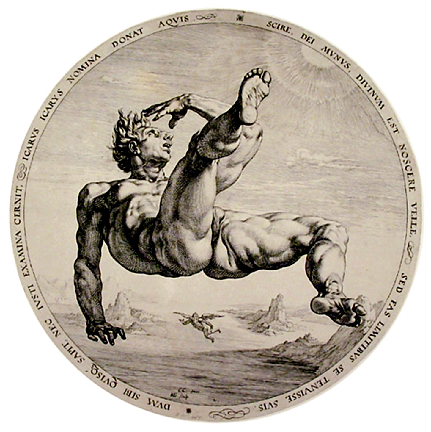 A drawing of Icarus falling to his death.