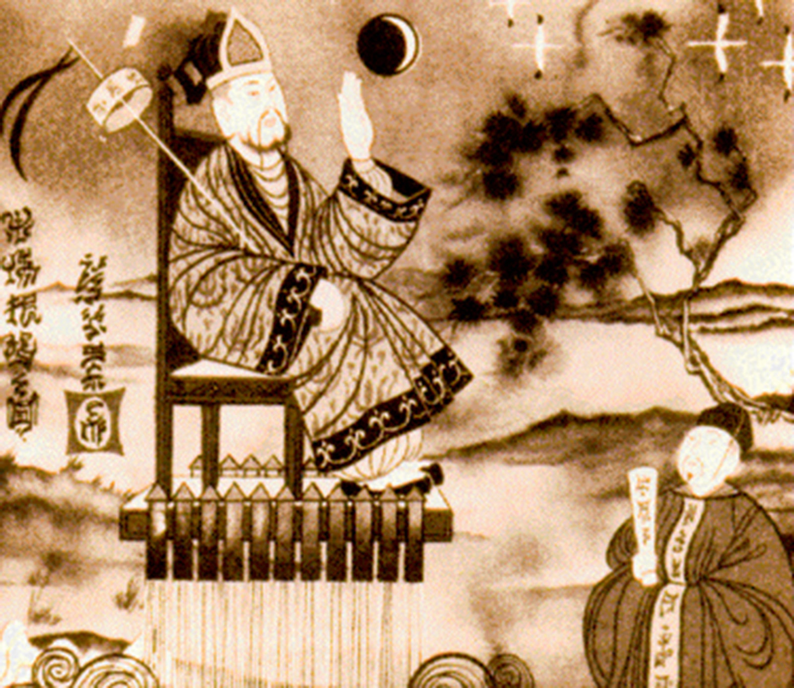 An illustration of Wan Hu sitting on his airborne chair.