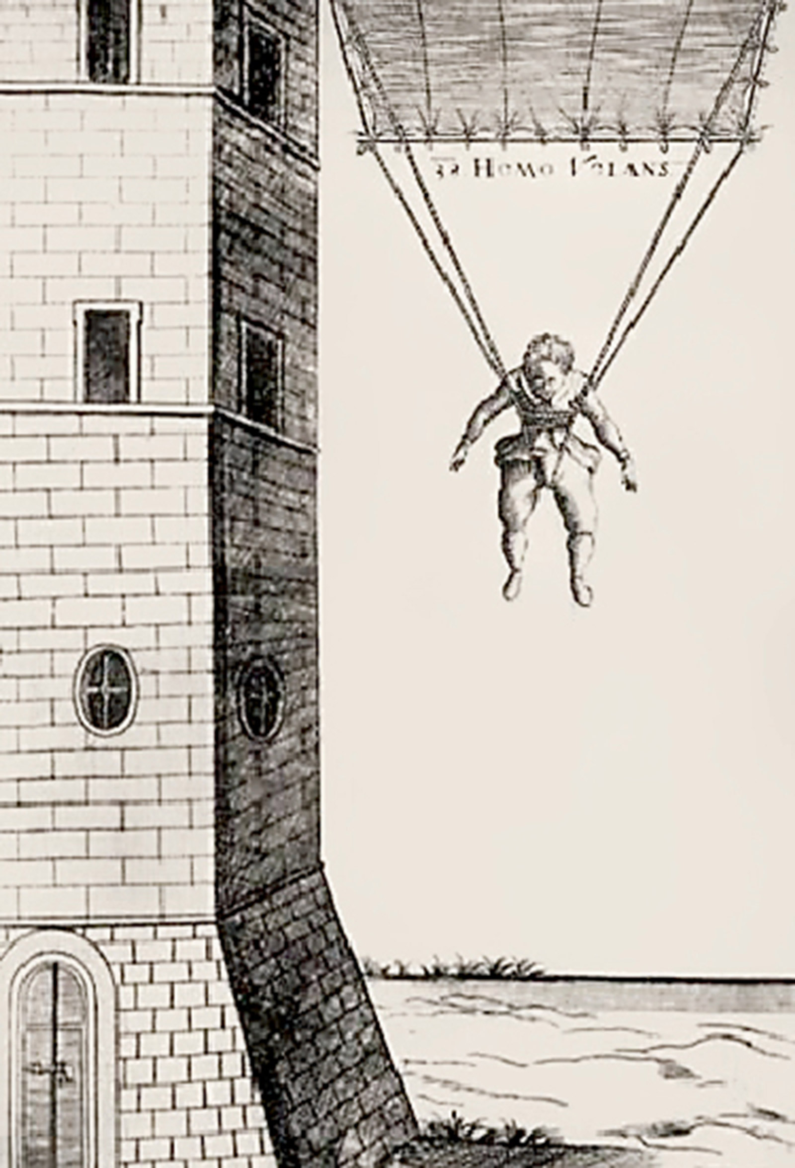 An illustration of Faust Vrancic leaping from a Venetian tower.