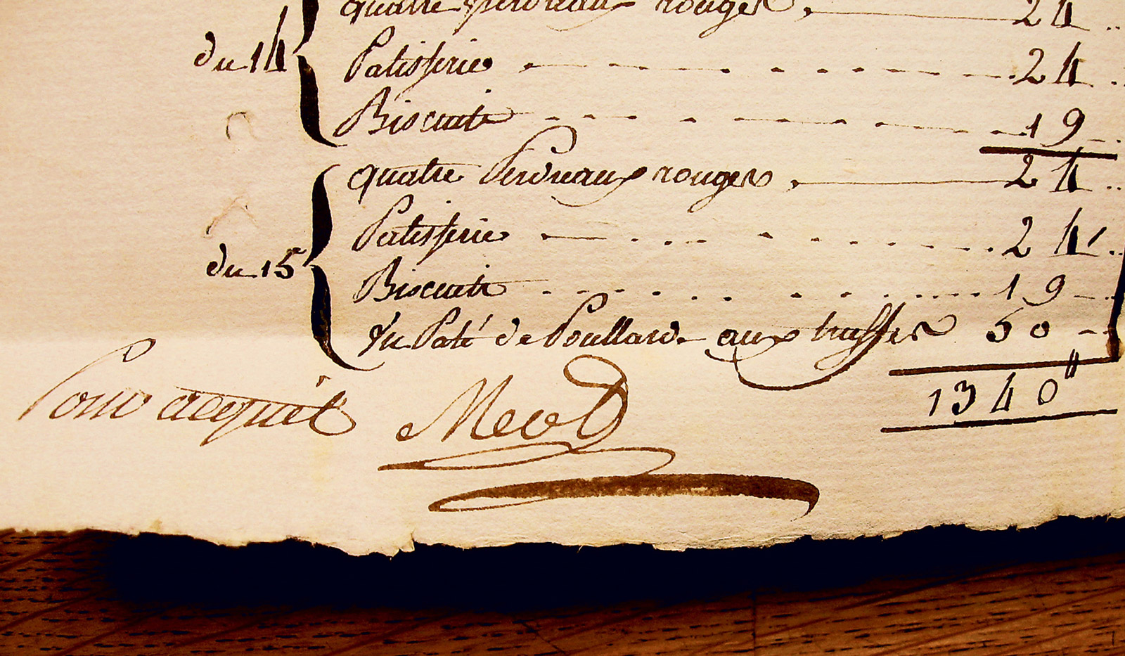 A photograph of a bill for food provided to the Committee of Public Safety. The bill is signed by the celebrated chef Méot.