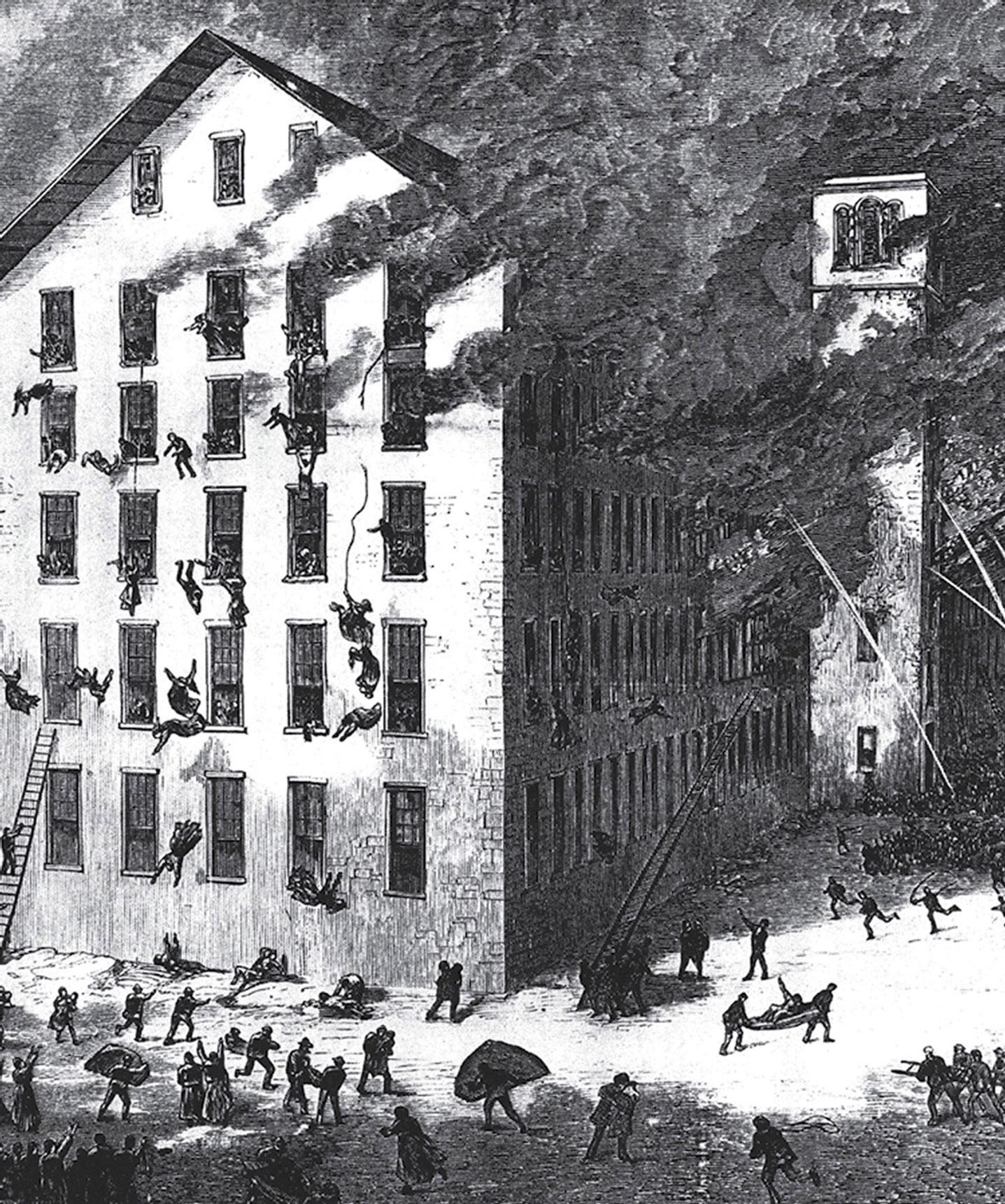 A drawing which depicts the Fall River factory fire of 1874. 