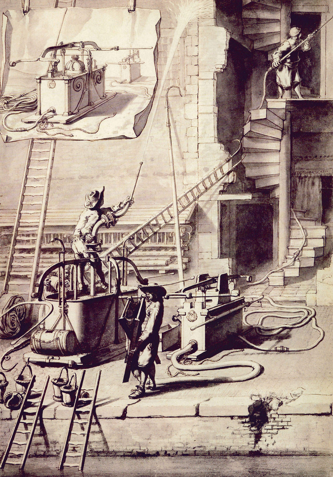 Jan van der Heyden, A Comparison of Old and New Firefighting Methods,
1680s. Van der Heyden uses the diagram to show the many advantages of
his new inventions—the pliable fire hose and a more efficient fire engine. On
the left, we see the old methods, dependent on drawing water in buckets
from a canal and filling the heavy, large fire engine whose fixed nozzle could
only move in a circle. On the right, we see the new, small fire engine, which
uses a trestle equipped with a pliable, treated canvas hose to draw water
from the canal, and then pumps the water through a thin leather firehose
that can be taken all the way into the building. This drawing served as the
model for the first illustration in van der Heyden’s book Beschryving der
nieuwlyks uitgevonden en geoctrojeerde Slang-Brand-Spuiten en Haare
Wyze van Brand-Blussen, better known as Brandspuitenboek (The Fire
Engine Book), and published in Amsterdam in 1690.