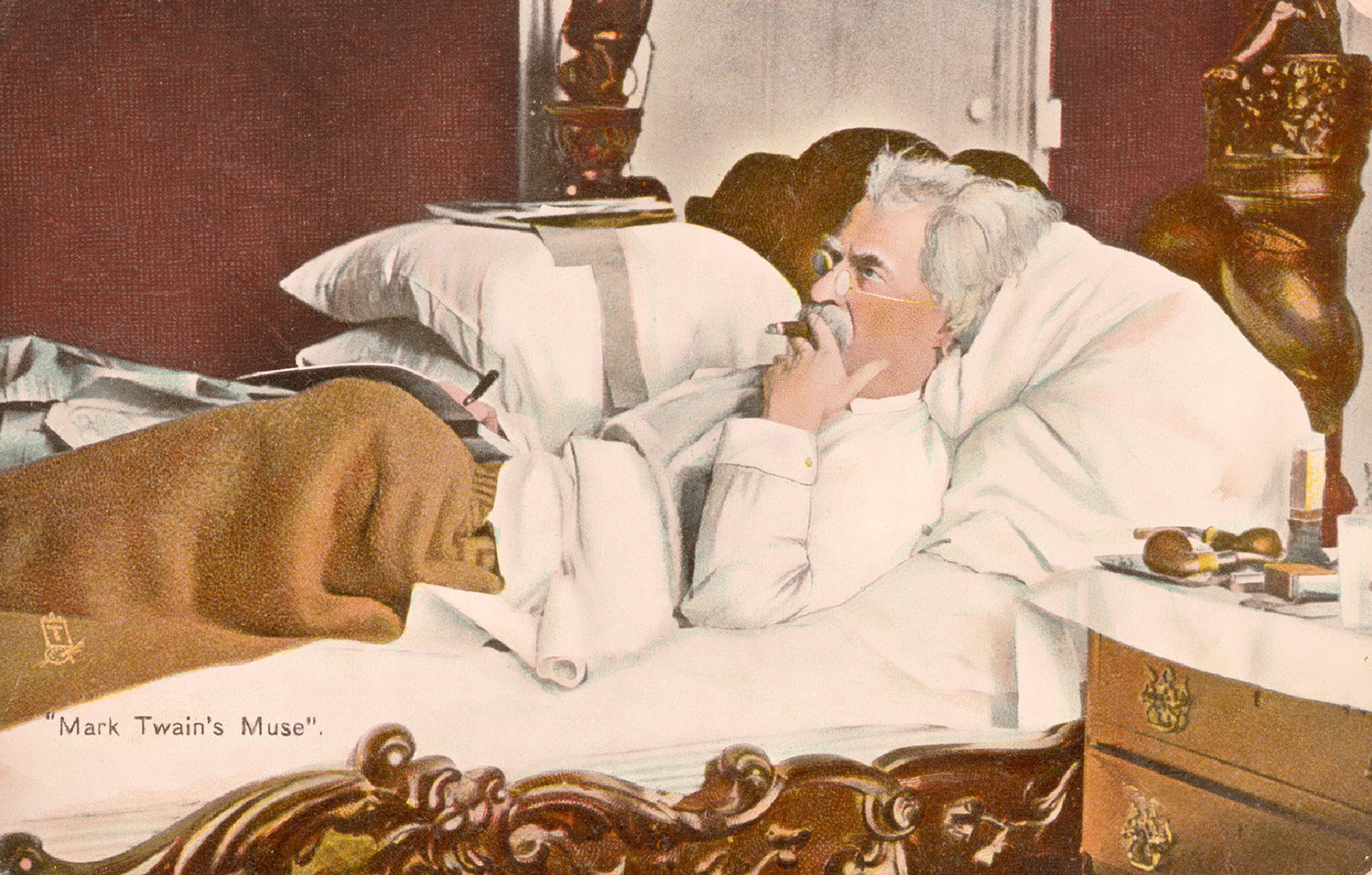 A 1900 Tuck's postcard which shows Mark Twain at work. 