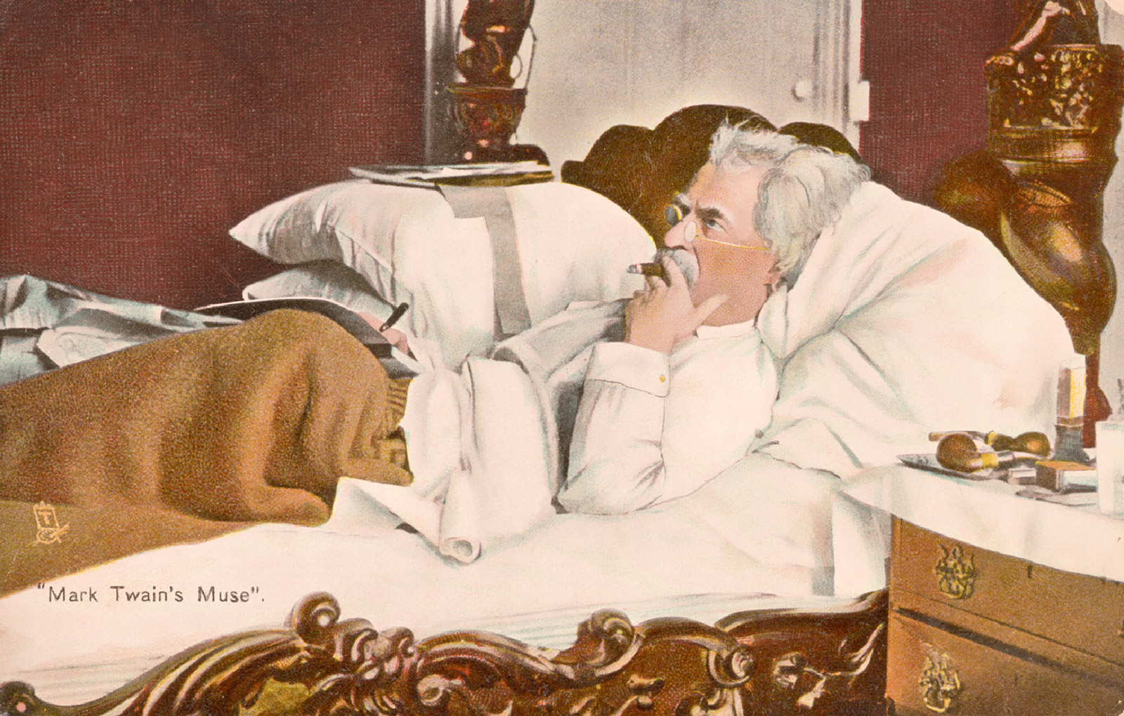 A 1900 Tuck's postcard which shows Mark Twain at work.