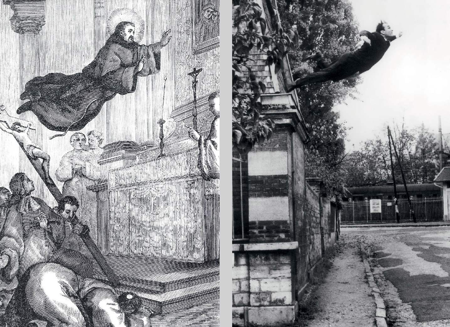 left: Saint Joseph of Copertino, artist unknown; right: Yves Klein, The Leap into the Void, 1960.