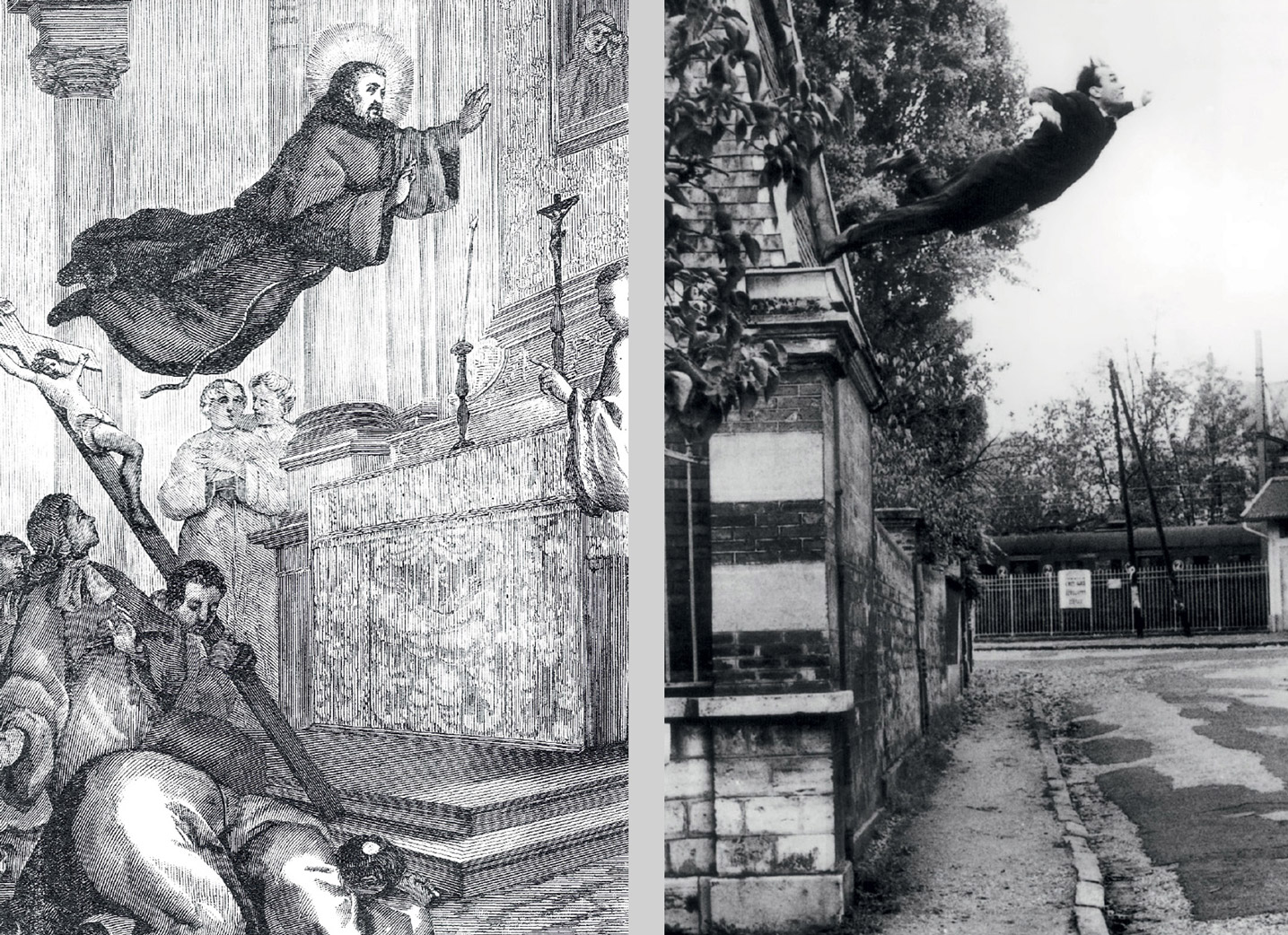 Two artworks, the first of which is a drawing of Saint Joseph of Copertino. The second is a 1960 photograph of Yves Klein titled