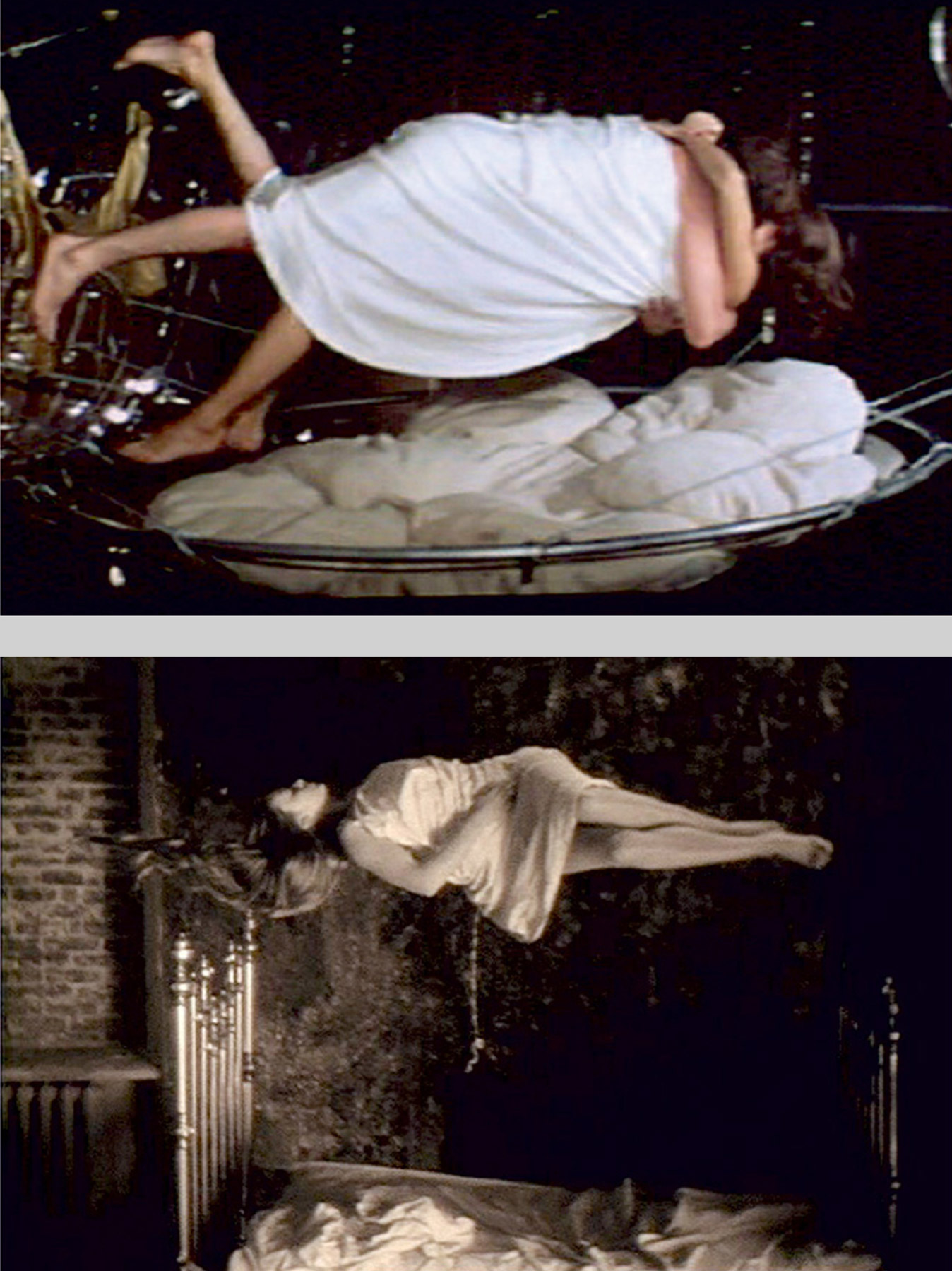 Two images, the first of which is a 1979 still from Lewis Gilbert's film Moonraker showing James Bond levitating with Holly Goodhead. The second is 1975 still from Andrei Tarkovsky's film The Mirror which shows a woman levitating.