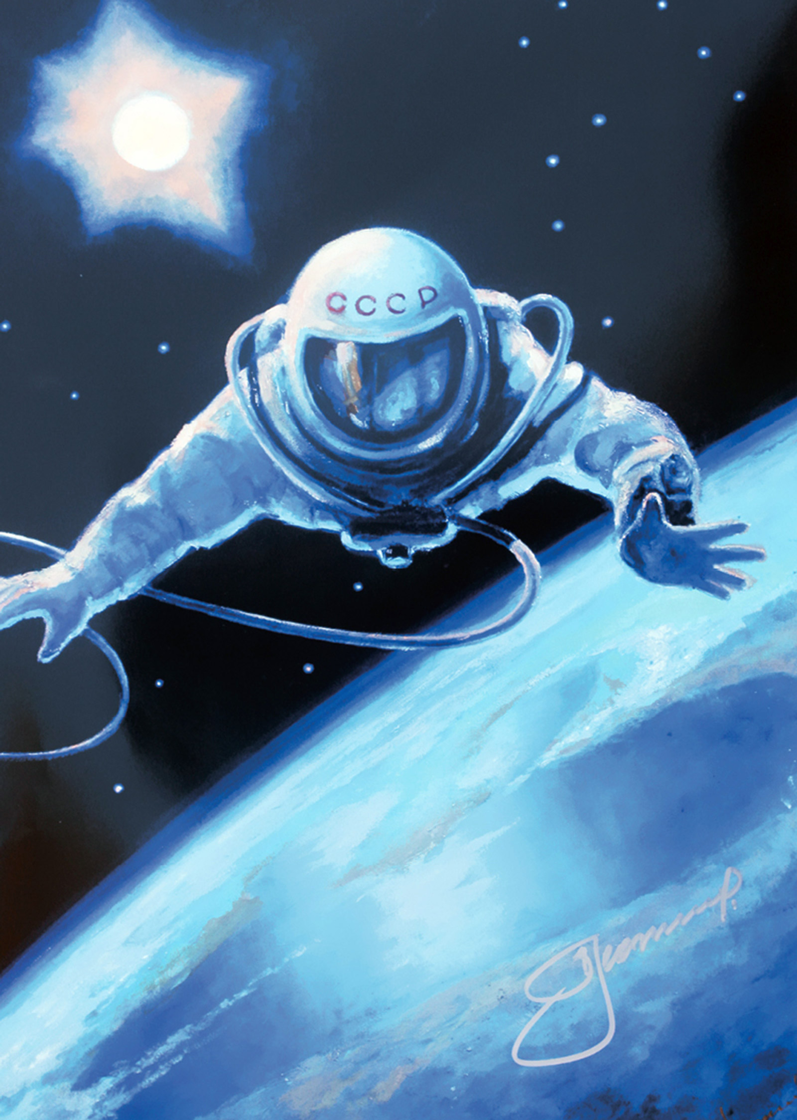 A 2003 painting by cosmonaut Alexei Leenov which depicts his historic first spacewalk.