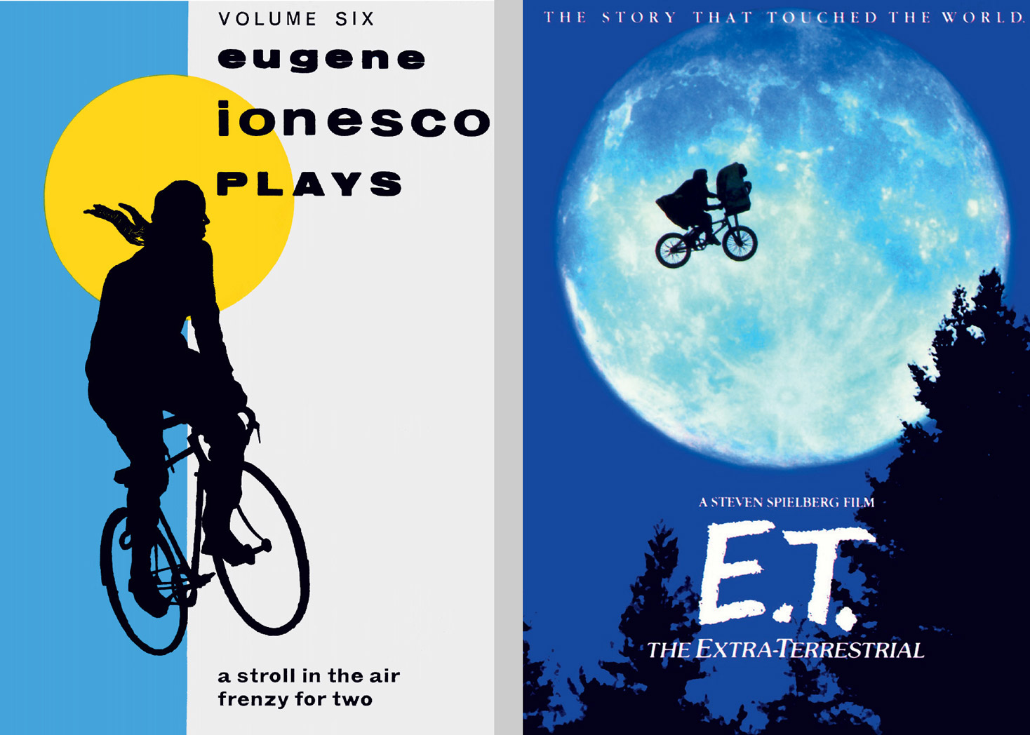 left: Cover for edition of two plays by Eugene Ionesco; right: Poster for Steven Spielberg’s E.T., 1982.