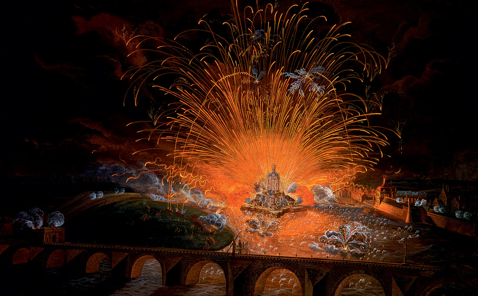 A 1709 painting by C. H. Fritzsche titled “Fireworks on the Elbe on the Occasion of the Visit of the King of Denmark, 6 June 1709.”