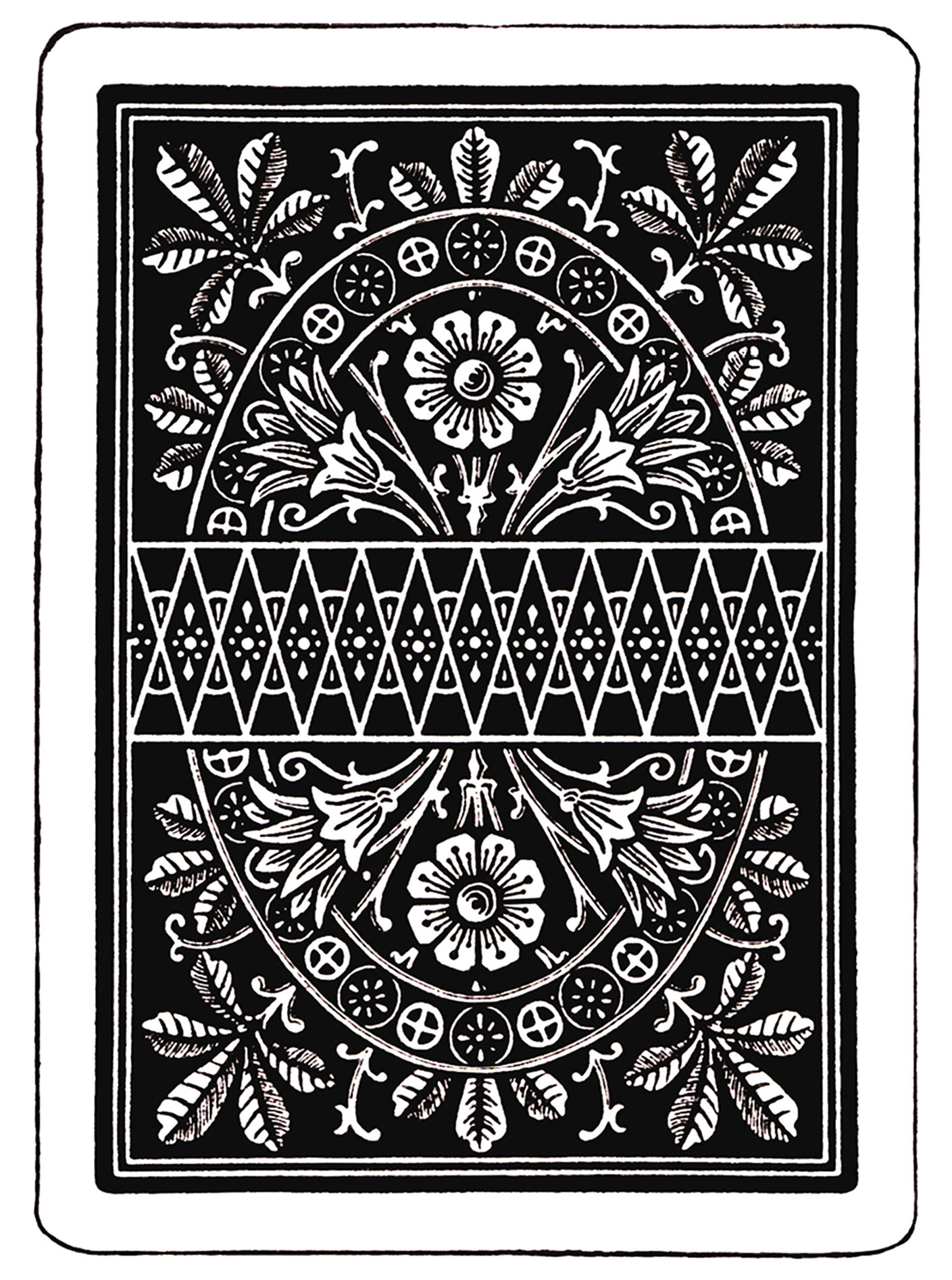 A scan of the back of a playing card that is marked by its use of the “shading” technique on a leaf motif. 