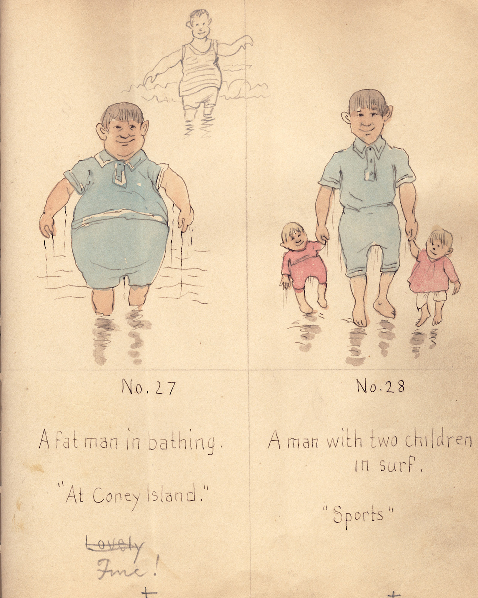 An image circa 1890 from Cassius M. Coolidge's sketchbook, featuring a fat man in a bathing suit and a man with two children in the surf.