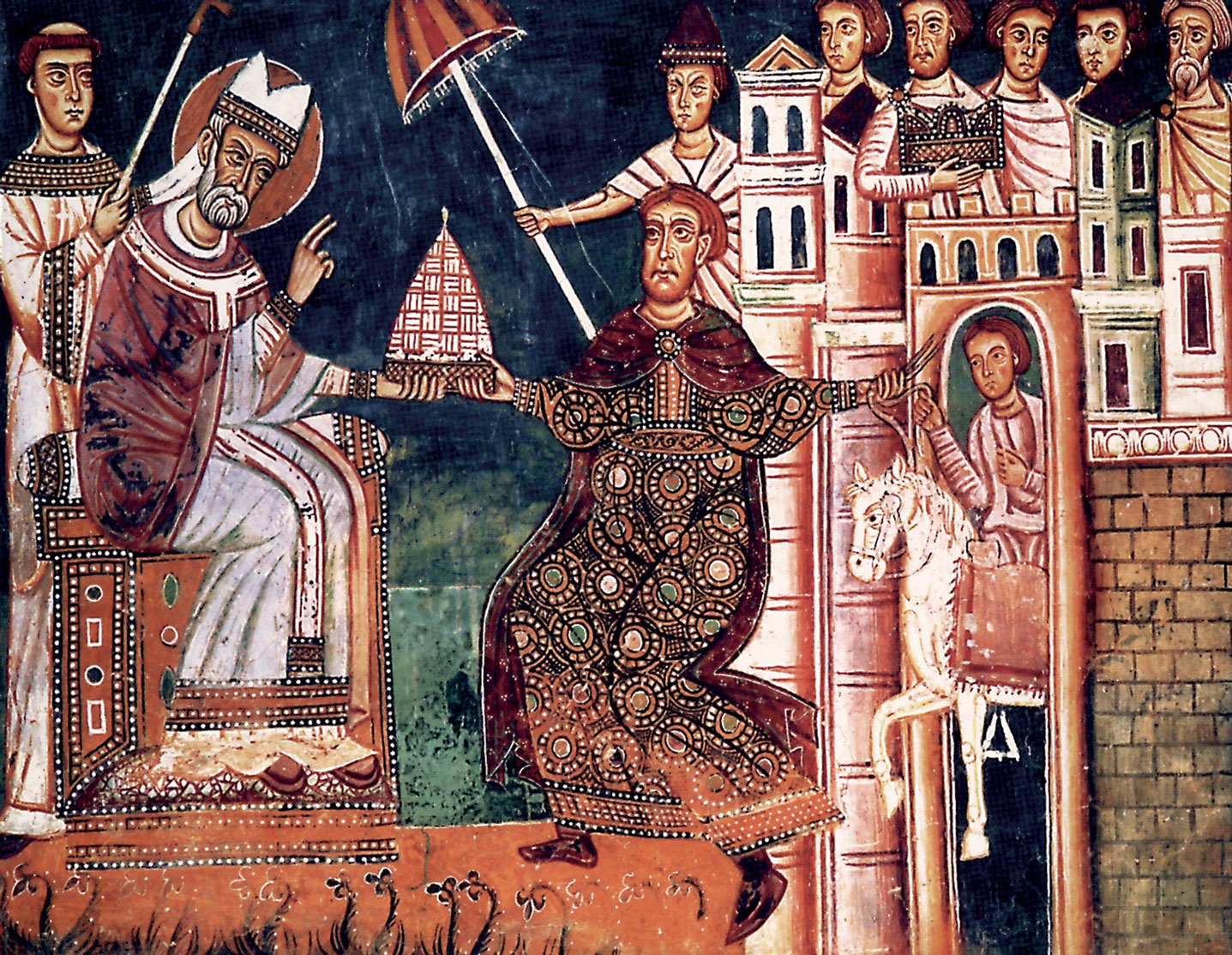 A scene from the thirteenth-century fresco cycle of the Donation of Constantine. The fresco is in the basilica of the Quattro Santi Coronati in Rome.