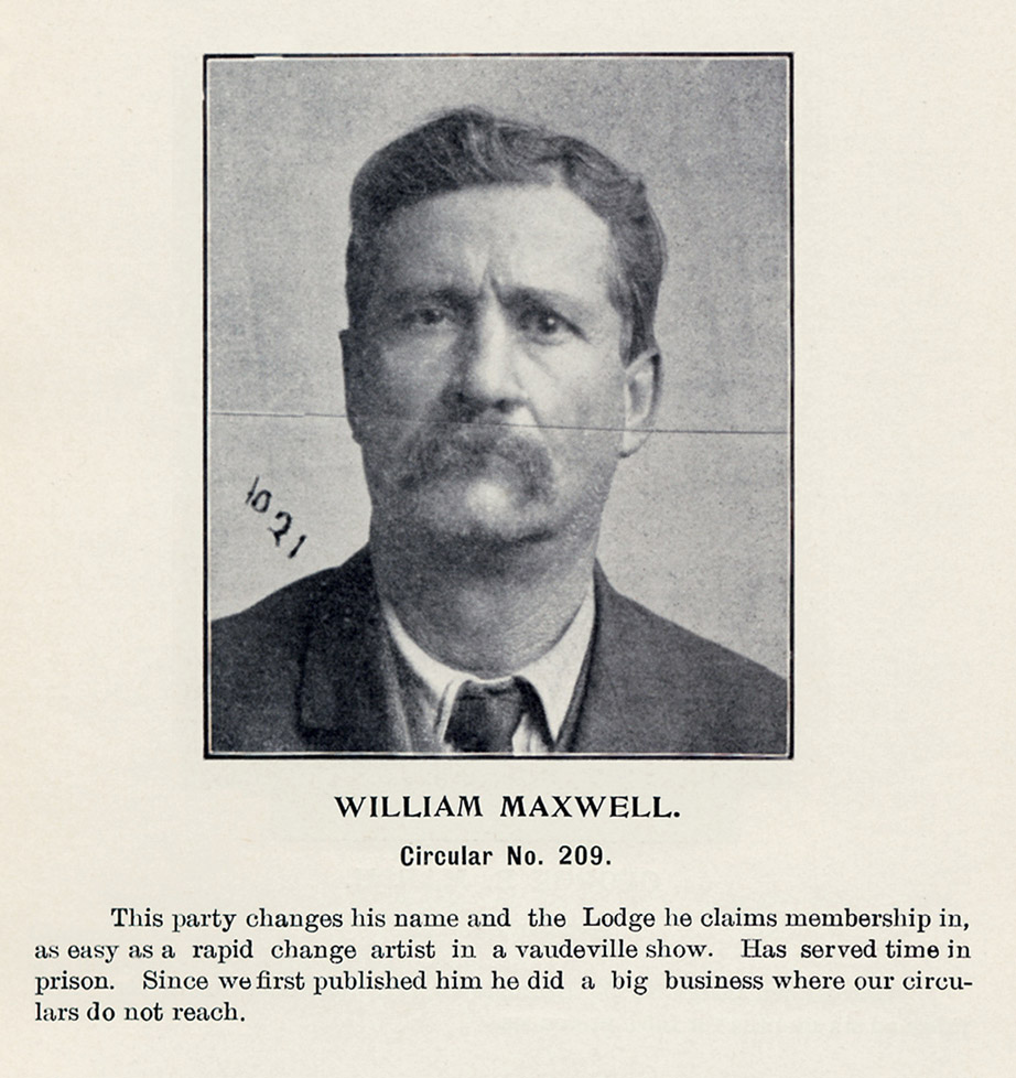 A scanned page from the 1903 publication “The Album of Masonic Impostors.” The page features a photo and description of Masonic imposter William Maxwell.