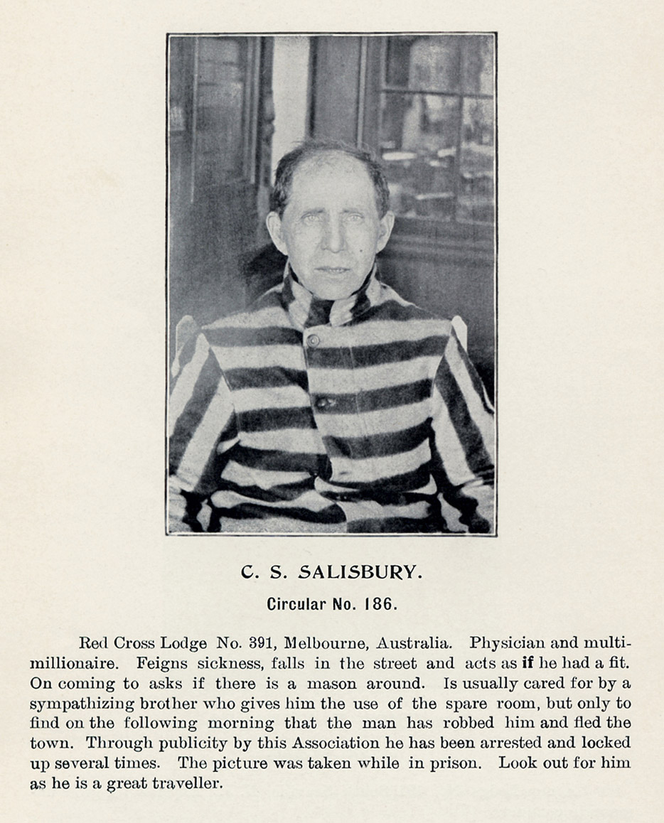 A scanned page from the 1903 publication “The Album of Masonic Impostors.” The page features a photo and description of Masonic imposter C.S. Salisbury.