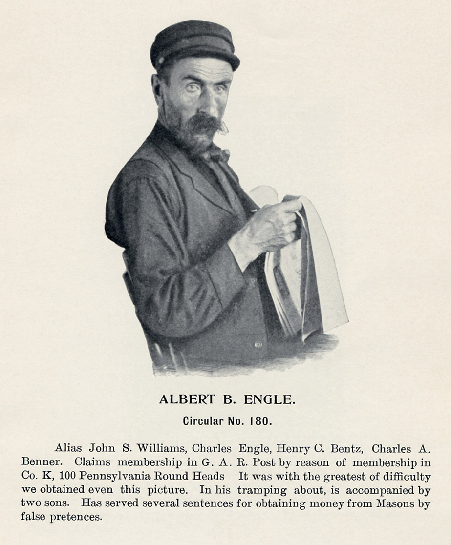 A scanned page from the 1903 publication “The Album of Masonic Impostors.” The page features a photo and description of Masonic imposter Albert B. Engle.