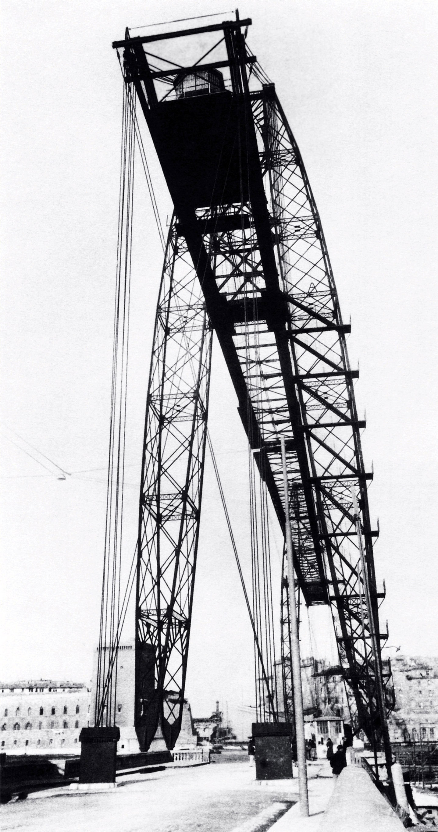 A photograph of the Amodin-designed transporter bridge of Marseilles. The photograph appears in Sigfried Giedion's 1928 book Building in France.