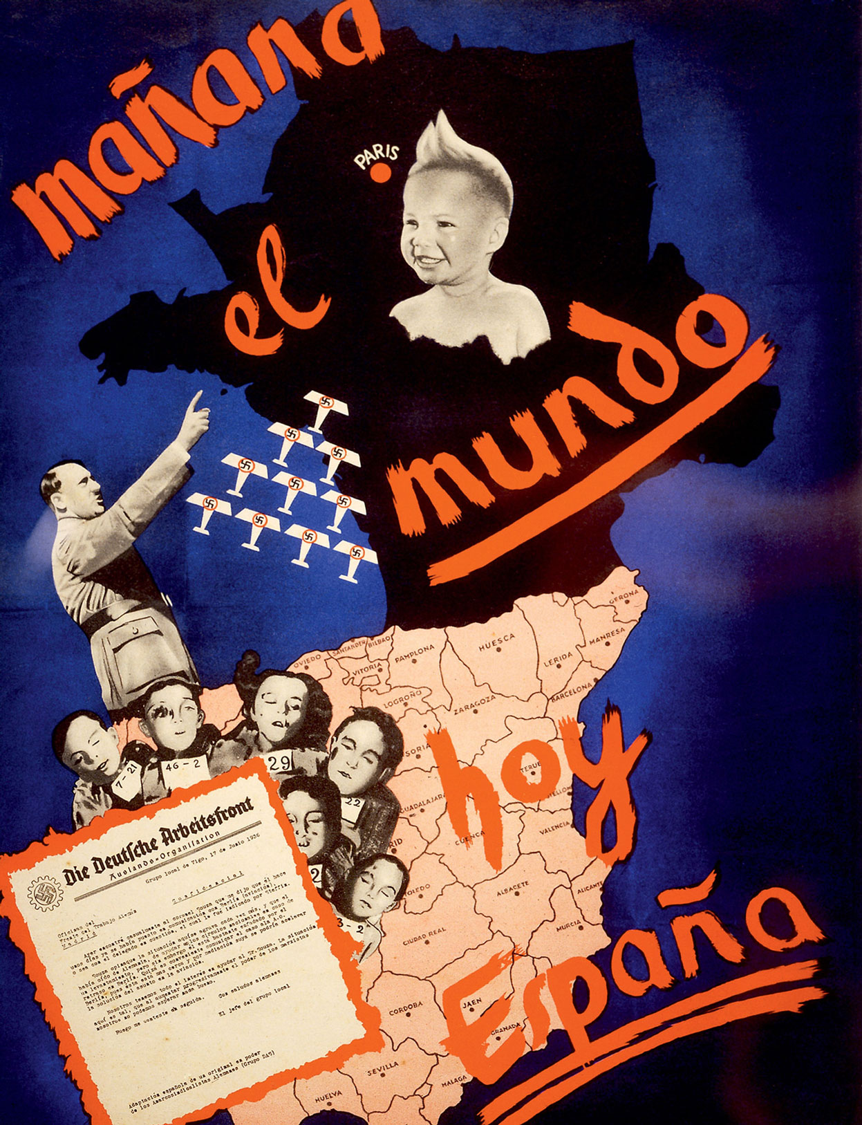 Propaganda poster created by the Gruppe Deutsche Anarcho-Syndikalisten (a group of anti-fascist German exiles in Barcelona), artist unknown, ca. 1936.