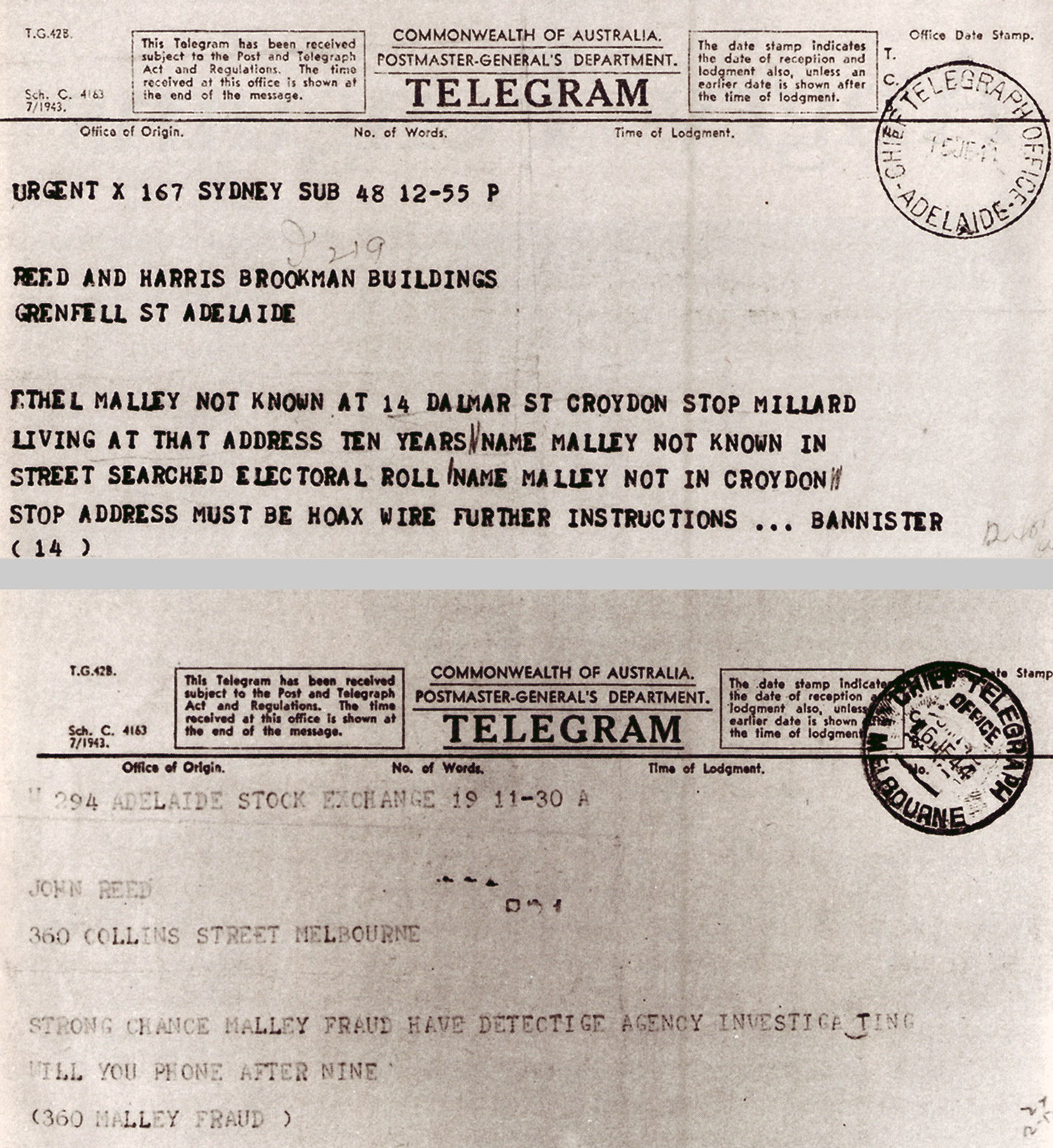 A scan of a 1944 telegram from C. Bannister, a Sydney private investigator, to Max Harris.