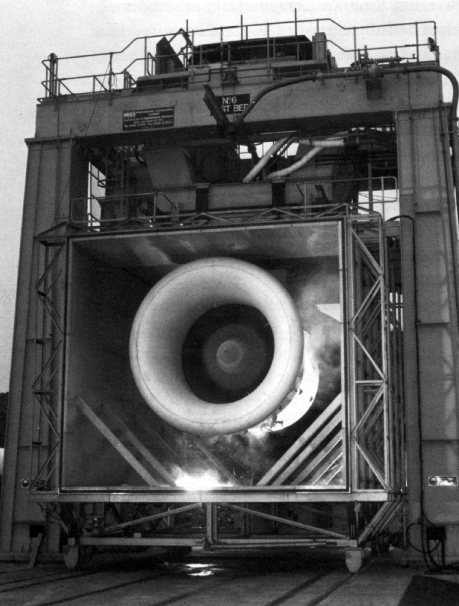 A photograph of a Rolls-Royce Trent 500 Engine awaiting testing at the company’s Derby branch.