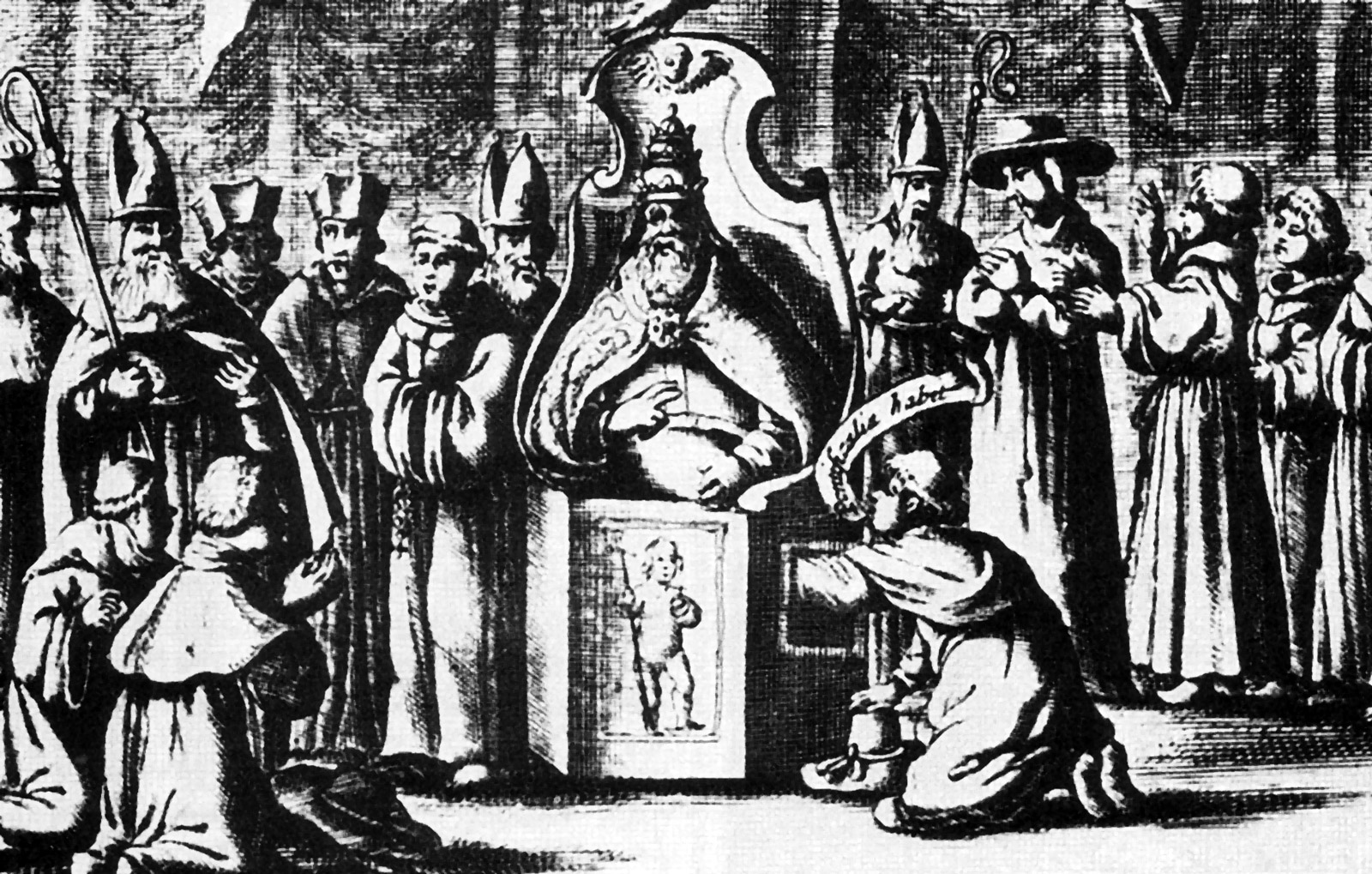 An illustration from the narrative of Lawrence Banck of an alleged papal groping at the 1644 coronation of Pope Innocent X. 