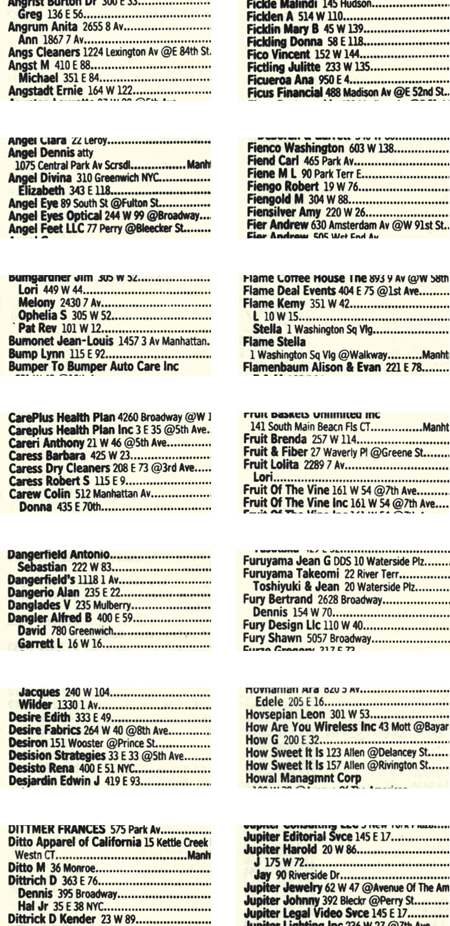 A scan of various names from the yellow pages. 