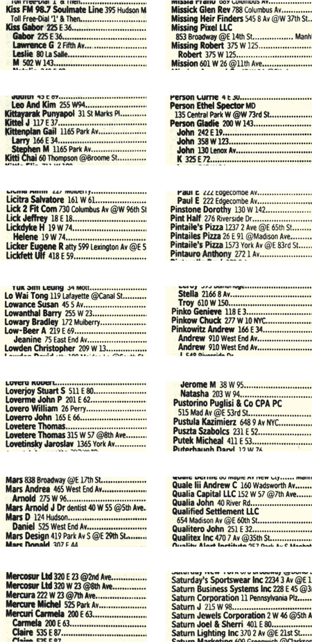A scan of various names from the yellow pages. 